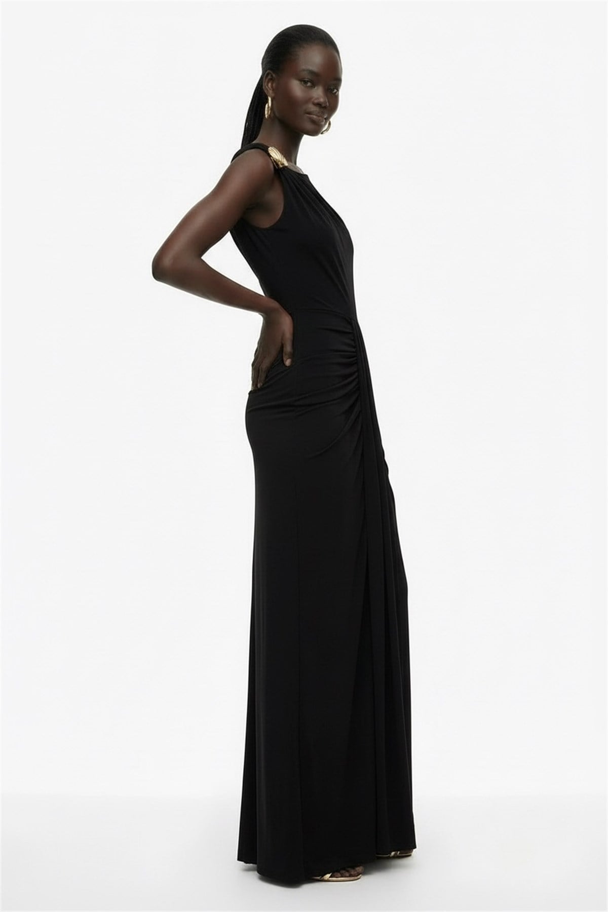 Drape Detaylı Asimetrik Maxi Elbise