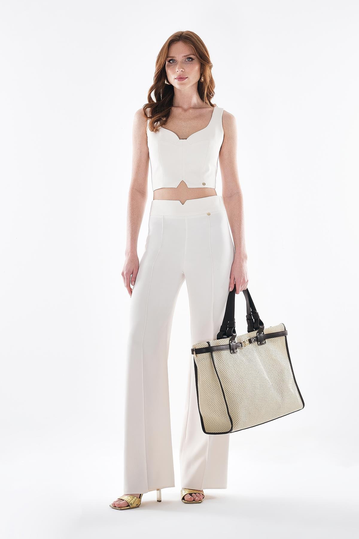 Göğüs Dekolteli Gold Metal Fermuarlı Crop Bluz