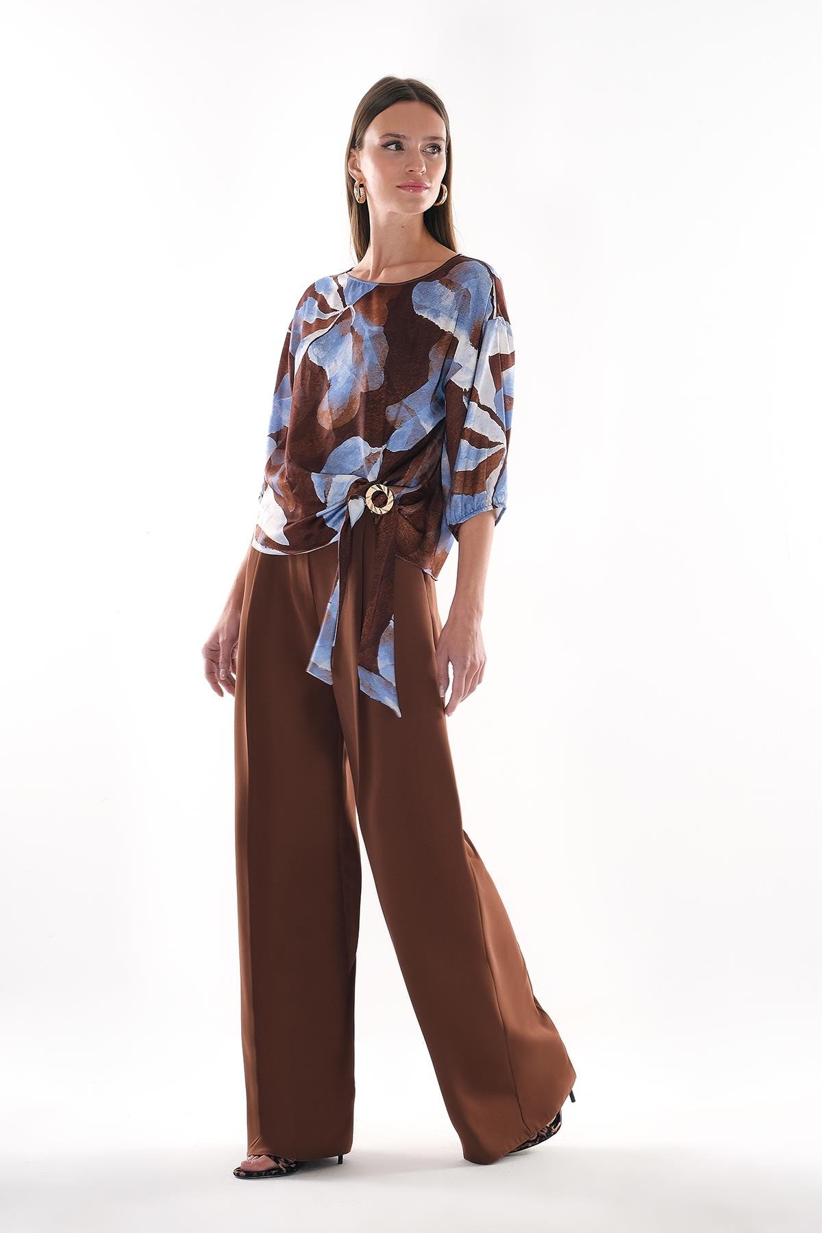 Gold Aksesuar Detaylı Bağçıklı Bol Paça Pantolon