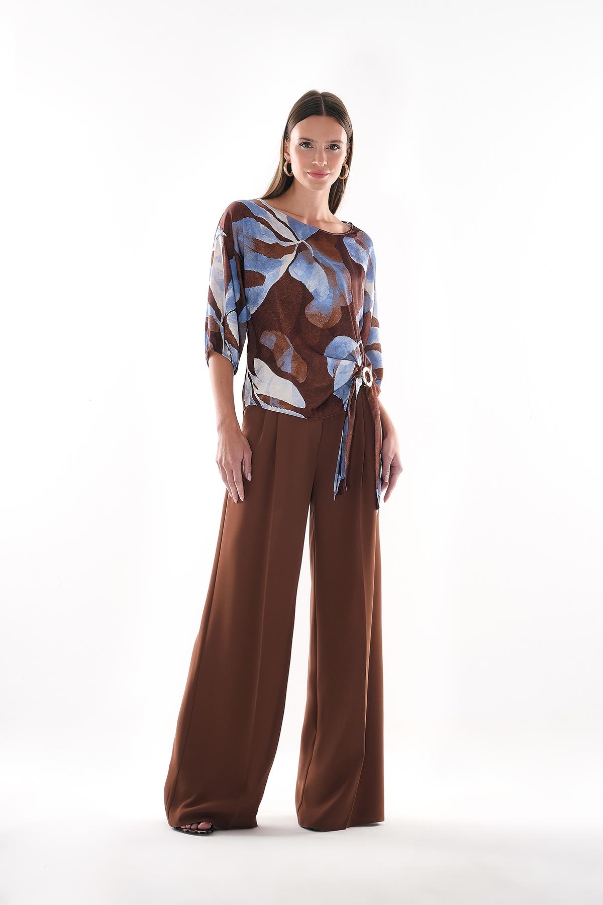 Gold Aksesuar Detaylı Bağçıklı Bol Paça Pantolon