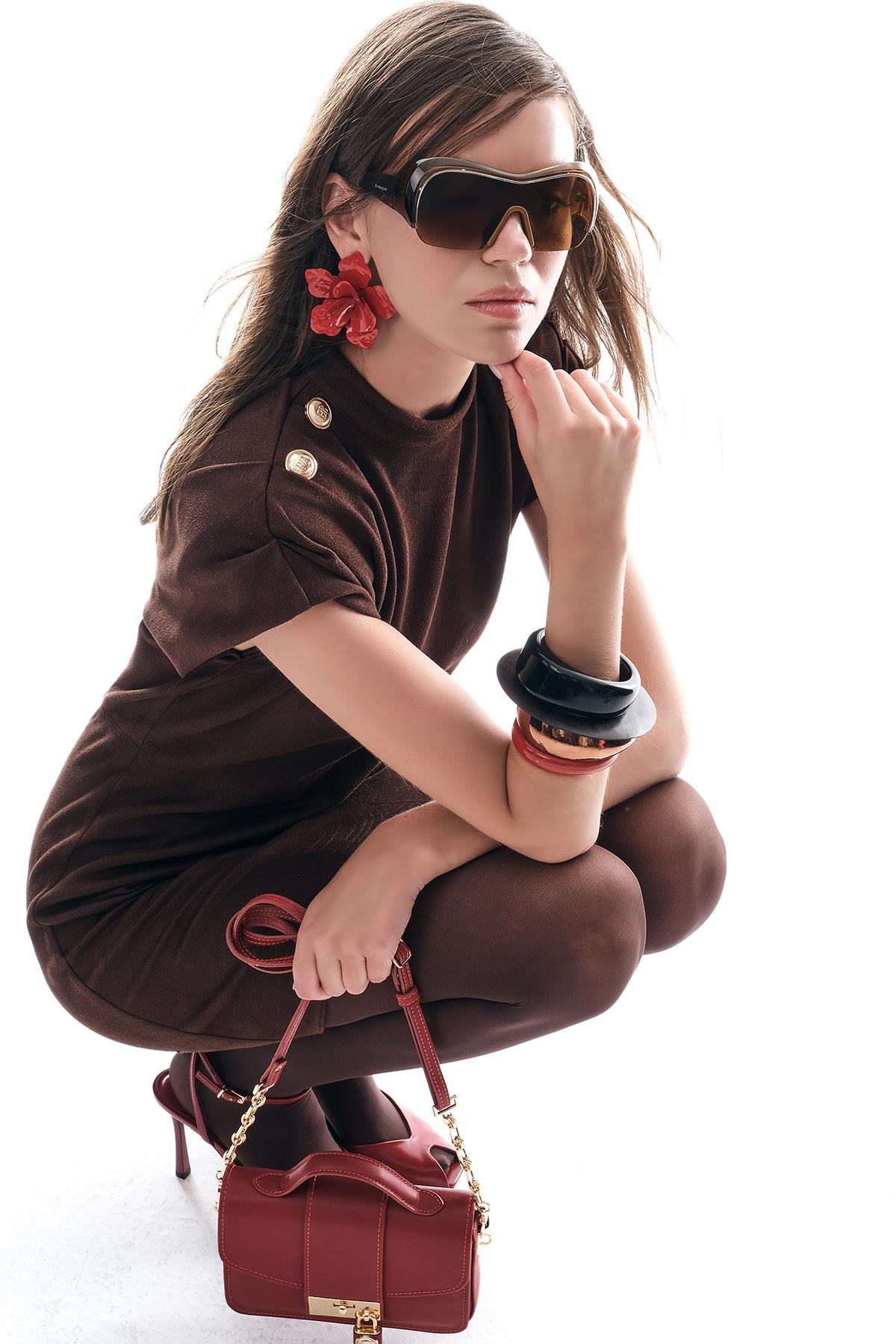 Gold Düğmeli Hakim Yaka Süet Minİ Elbise