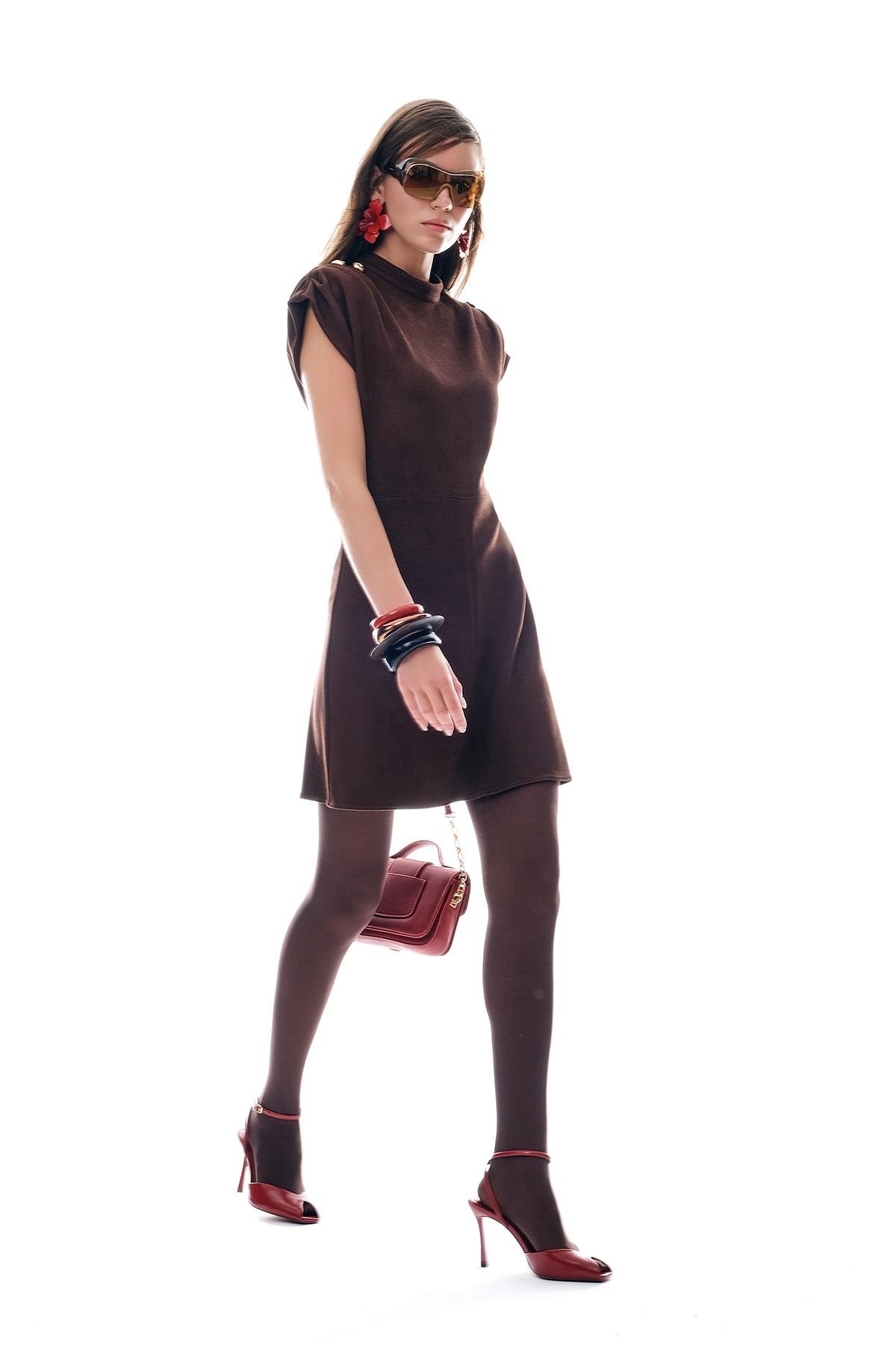 Gold Düğmeli Hakim Yaka Süet Minİ Elbise