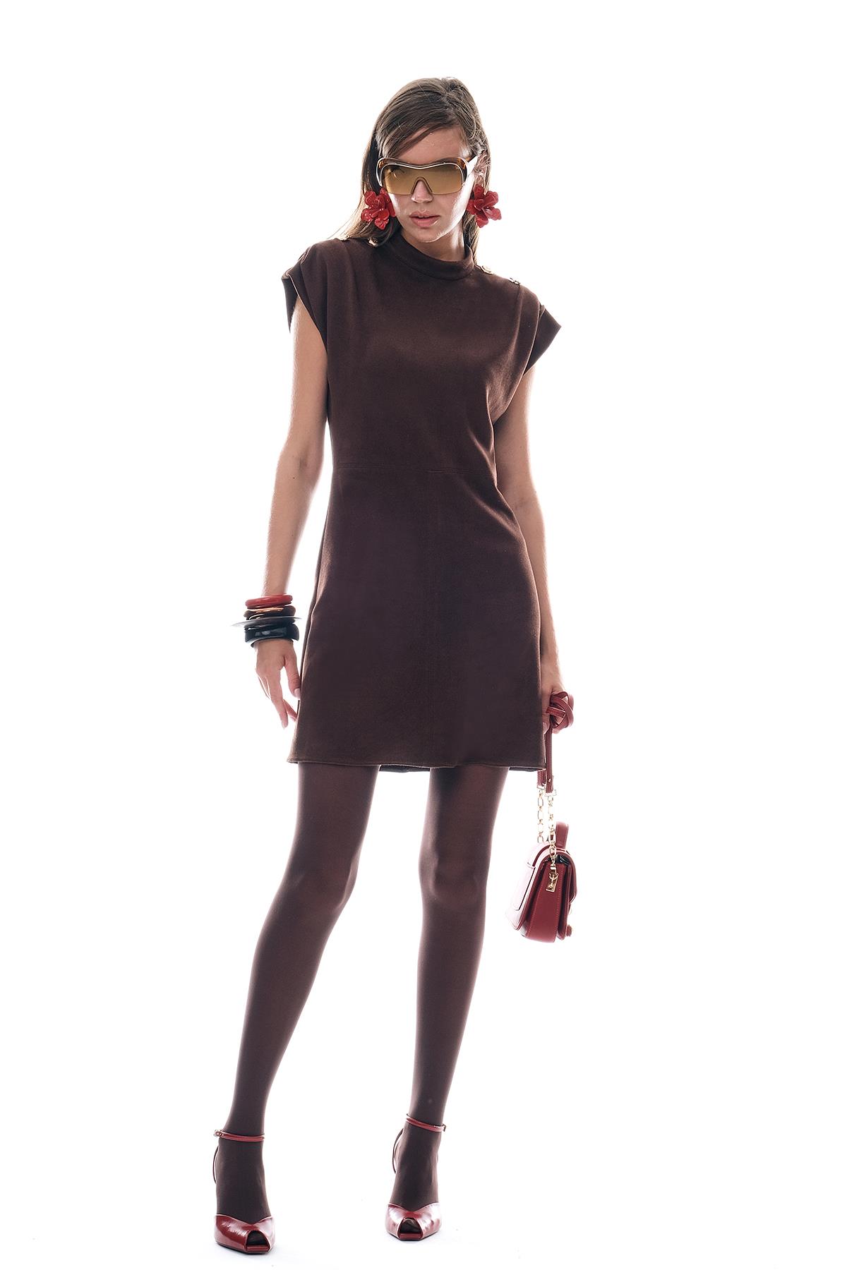 Gold Düğmeli Hakim Yaka Süet Minİ Elbise