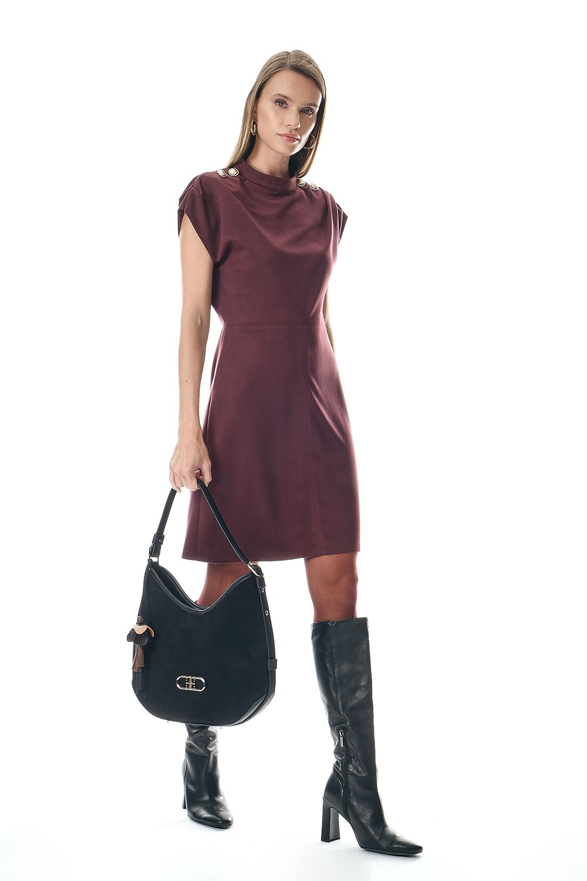 Gold Düğmeli Hakim Yaka Süet Minİ Elbise