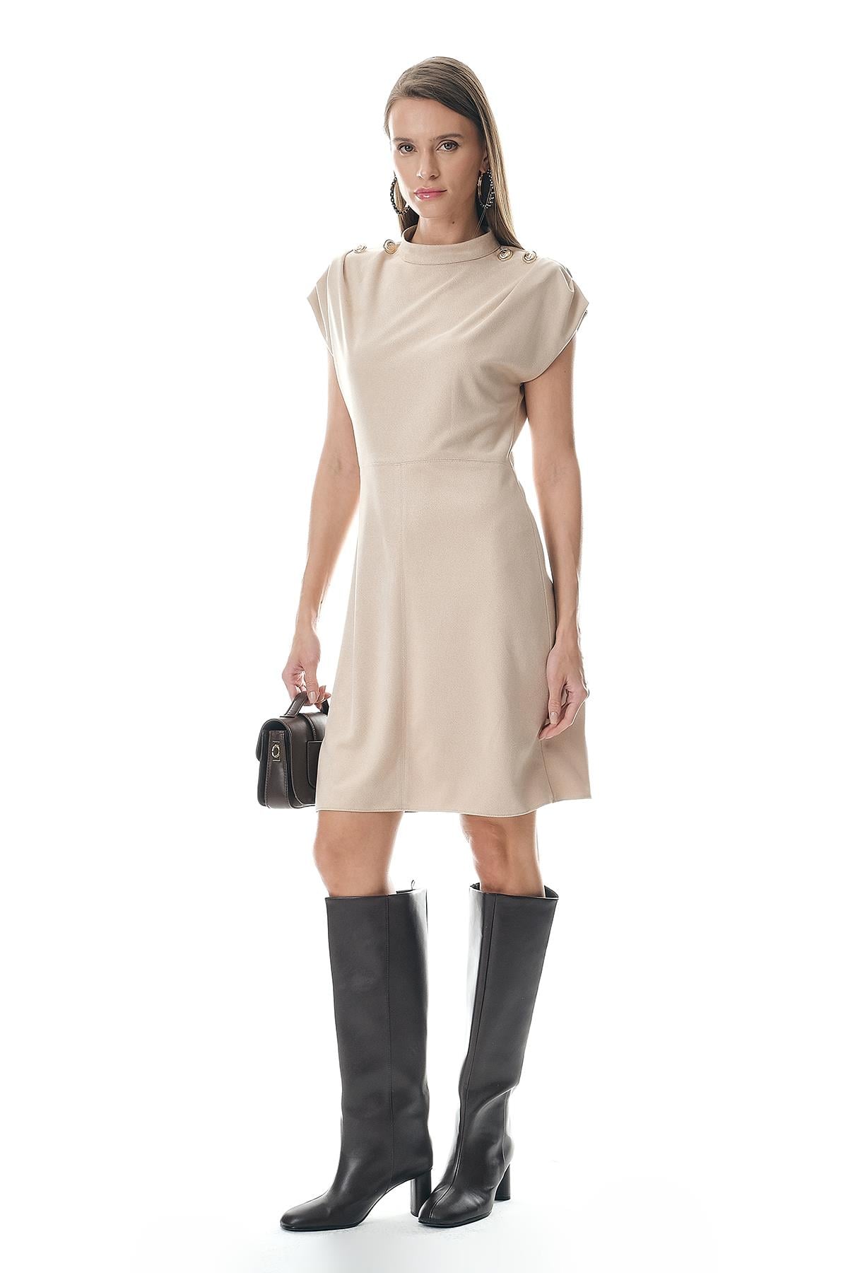 Gold Düğmeli Hakim Yaka Süet Minİ Elbise