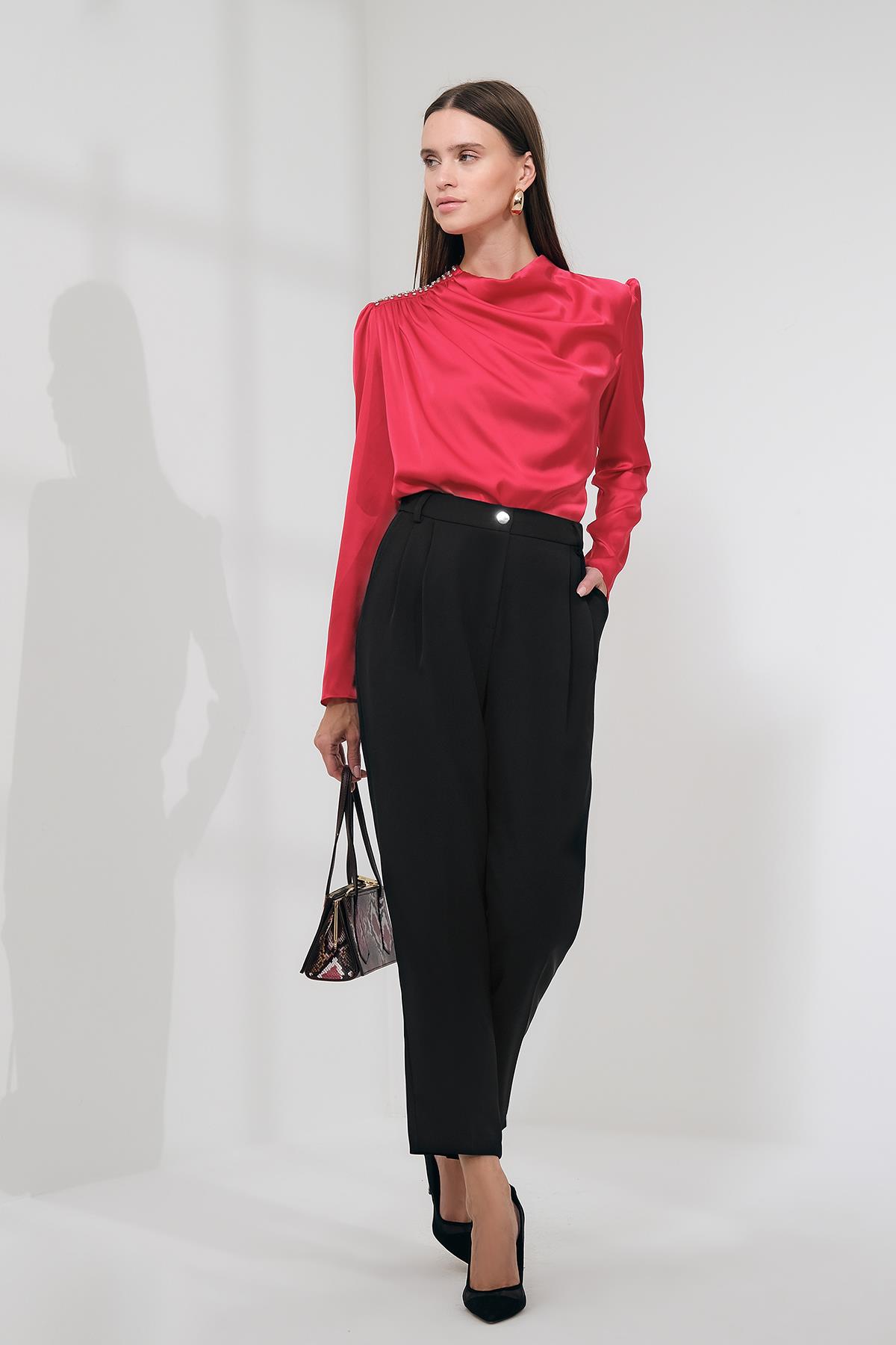 Gold Düğmeli Pilili Pantolon