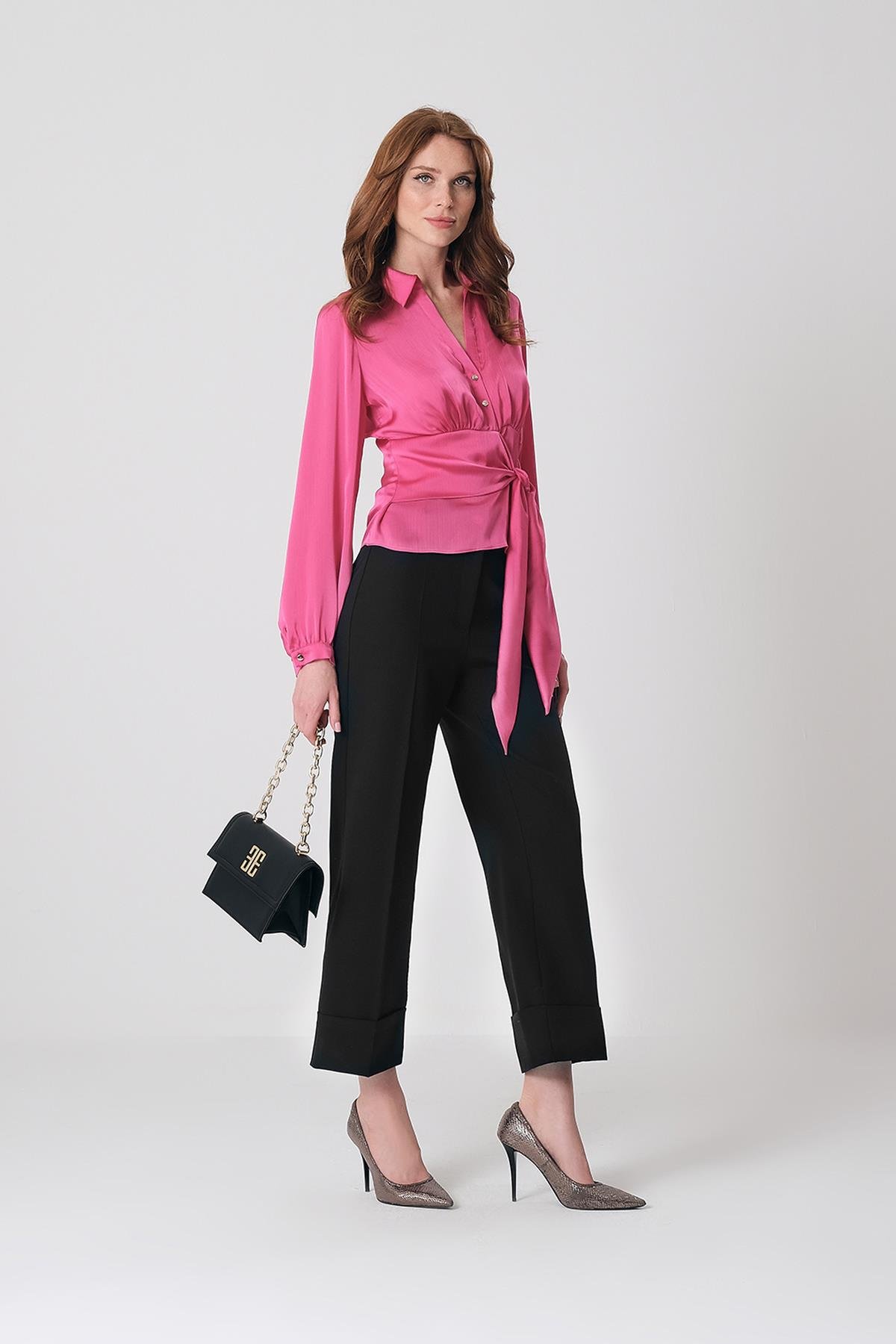 Gold Düğmeli Yüksek Bel Paçası Double Katlama Detaylı Pantolon