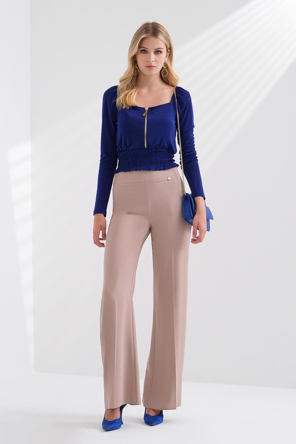 Gold Metal Fermuarlı Crop Bluz