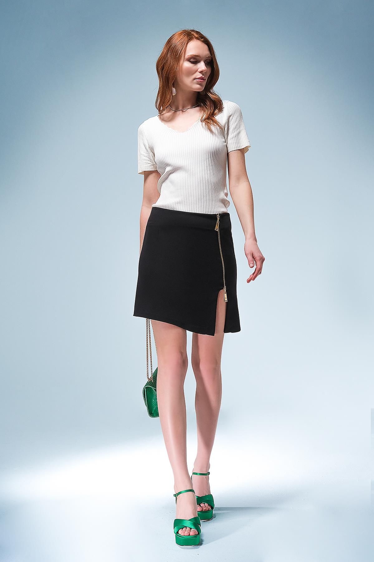 Gold Metal Fermuarlı Mini Etek