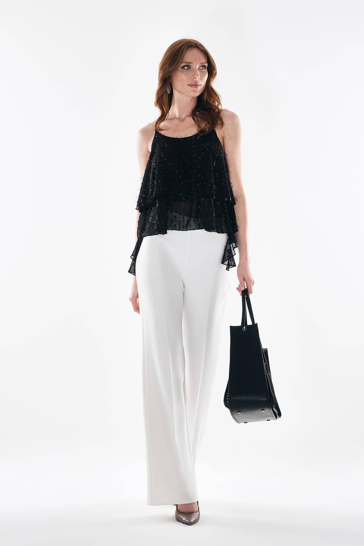 Gold Yuvarlak Dikme Aksesuarlı Yandan Gizli Fermuarlı Pantolon