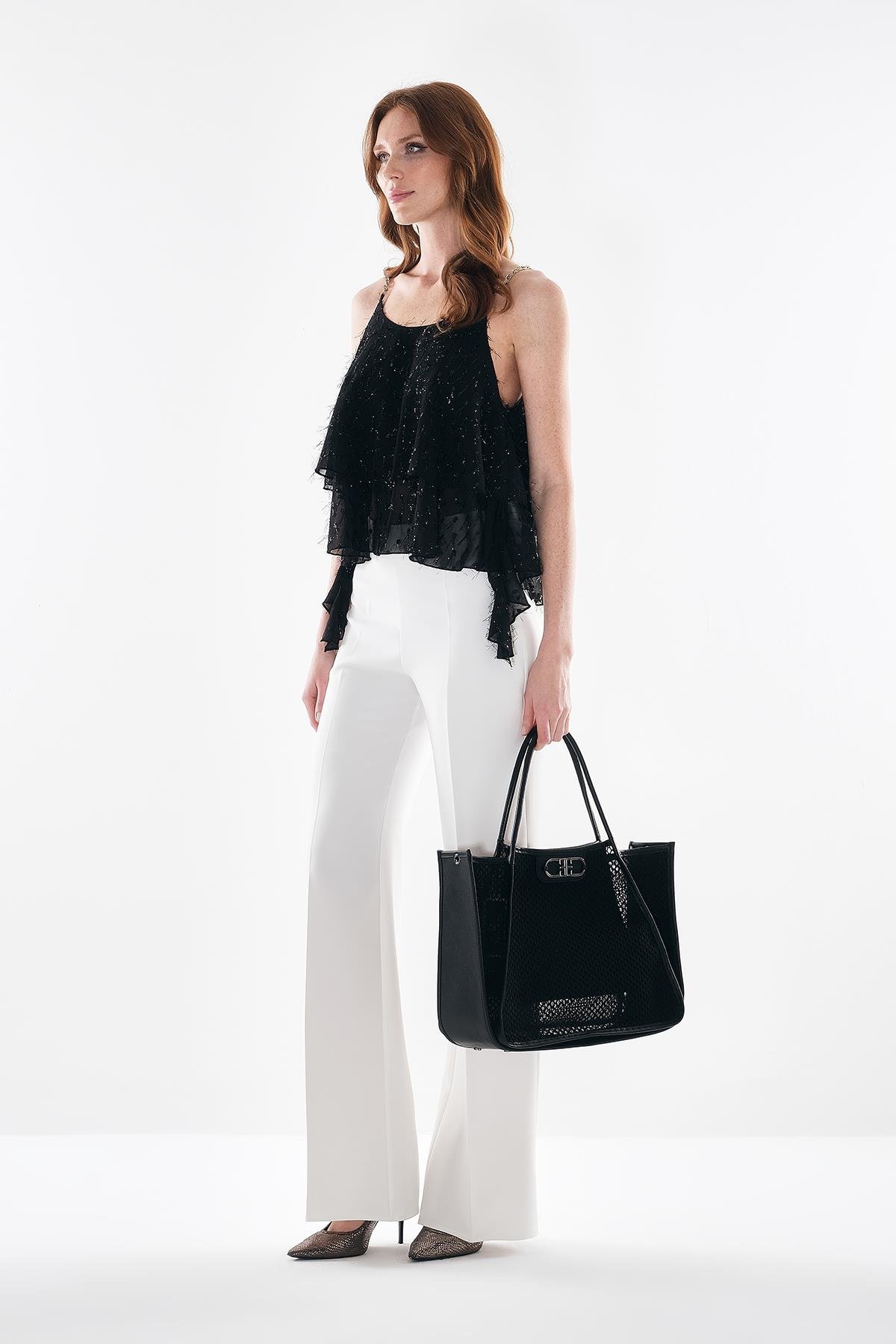 Gold Yuvarlak Dikme Aksesuarlı Yandan Gizli Fermuarlı Pantolon