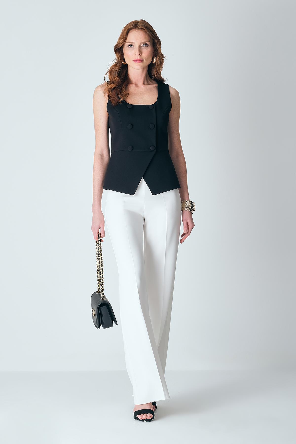 Gold Yuvarlak Dikme Aksesuarlı Yandan Gizli Fermuarlı Pantolon