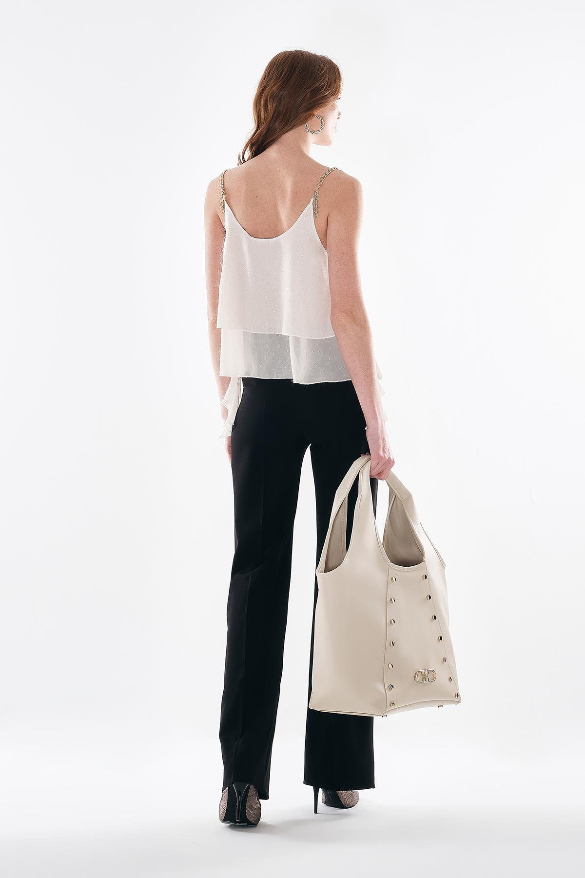 Gold Yuvarlak Dikme Aksesuarlı Yandan Gizli Fermuarlı Pantolon