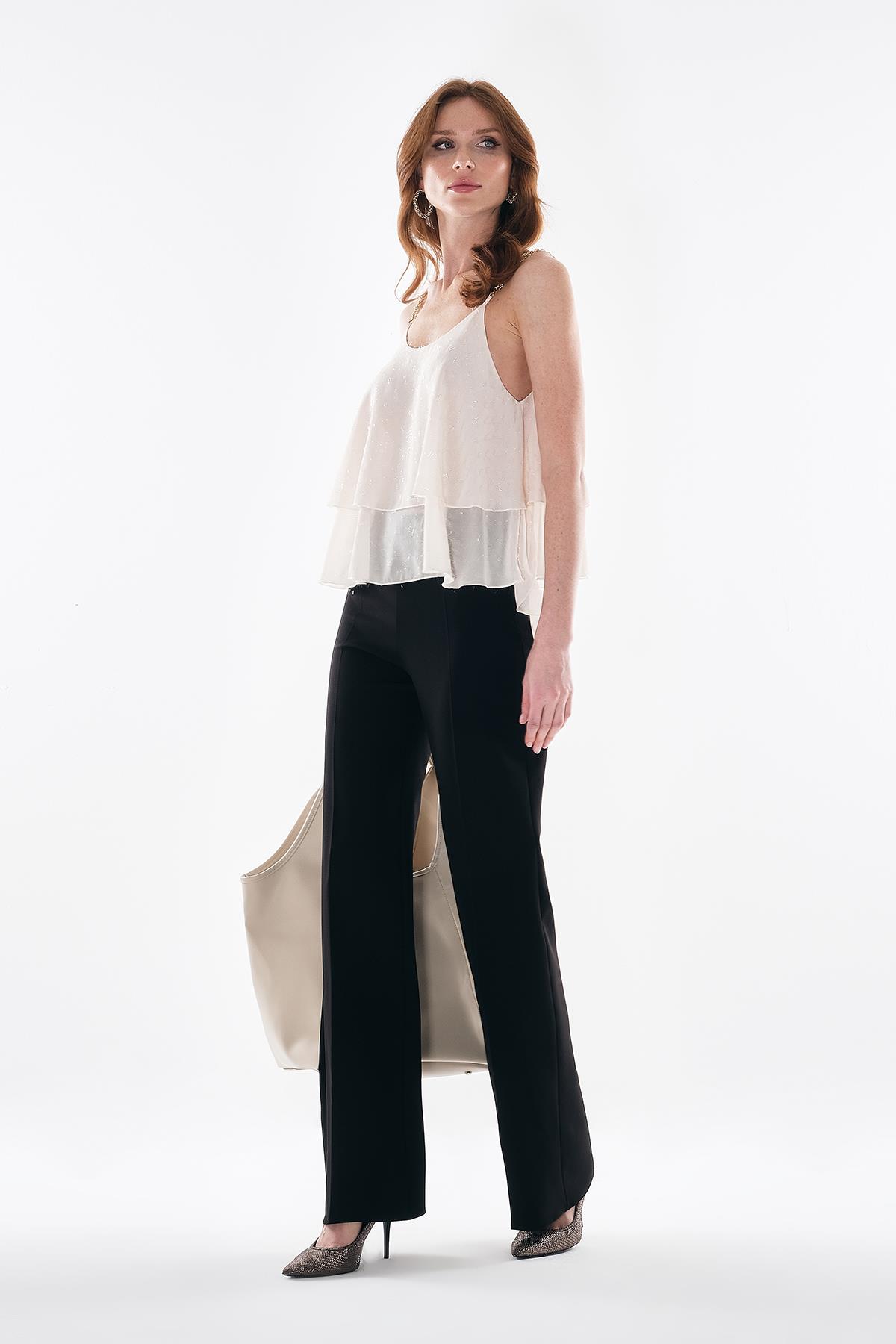 Gold Yuvarlak Dikme Aksesuarlı Yandan Gizli Fermuarlı Pantolon