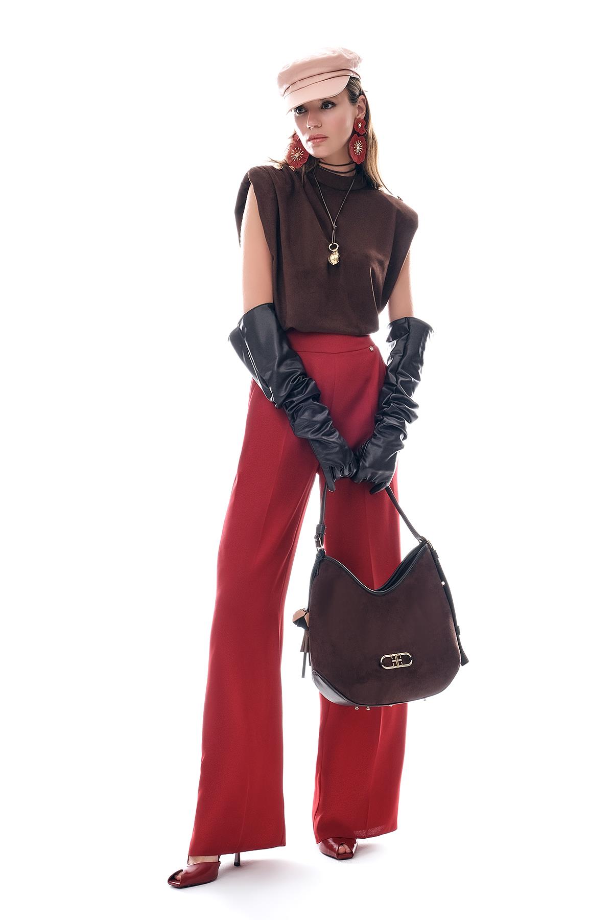 Hakim Yaka Omuzları Gold Düğmeli Süet Bluz