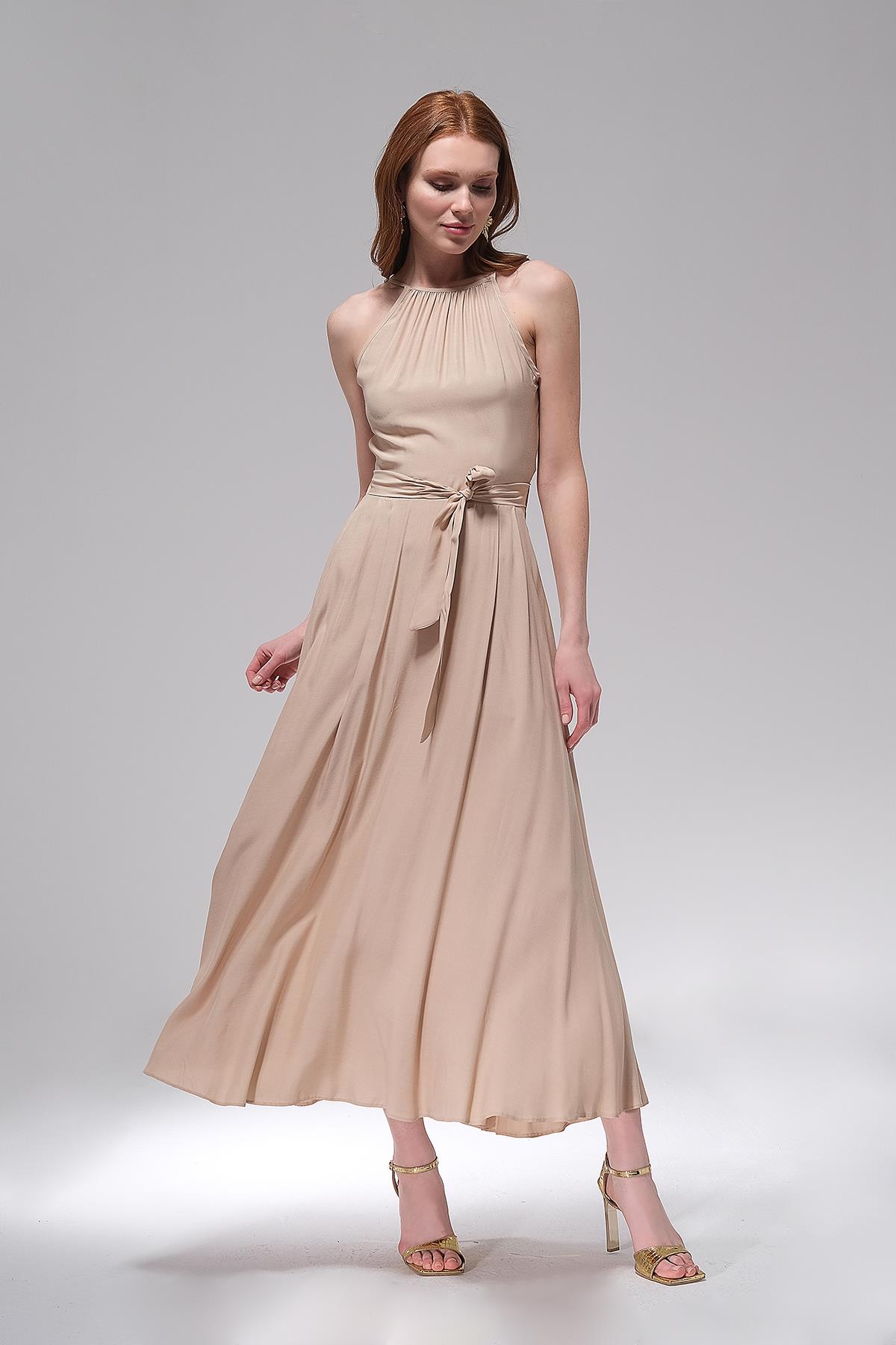 Halter Yaka Midi Boy Elbise