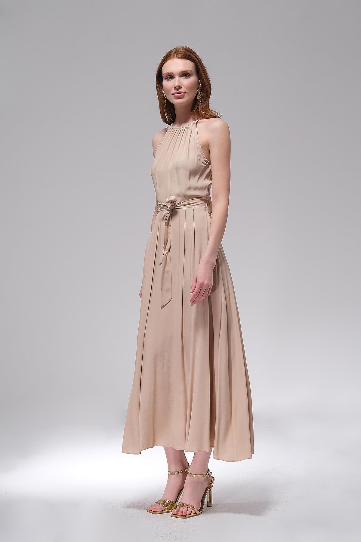 Halter Yaka Midi Boy Elbise