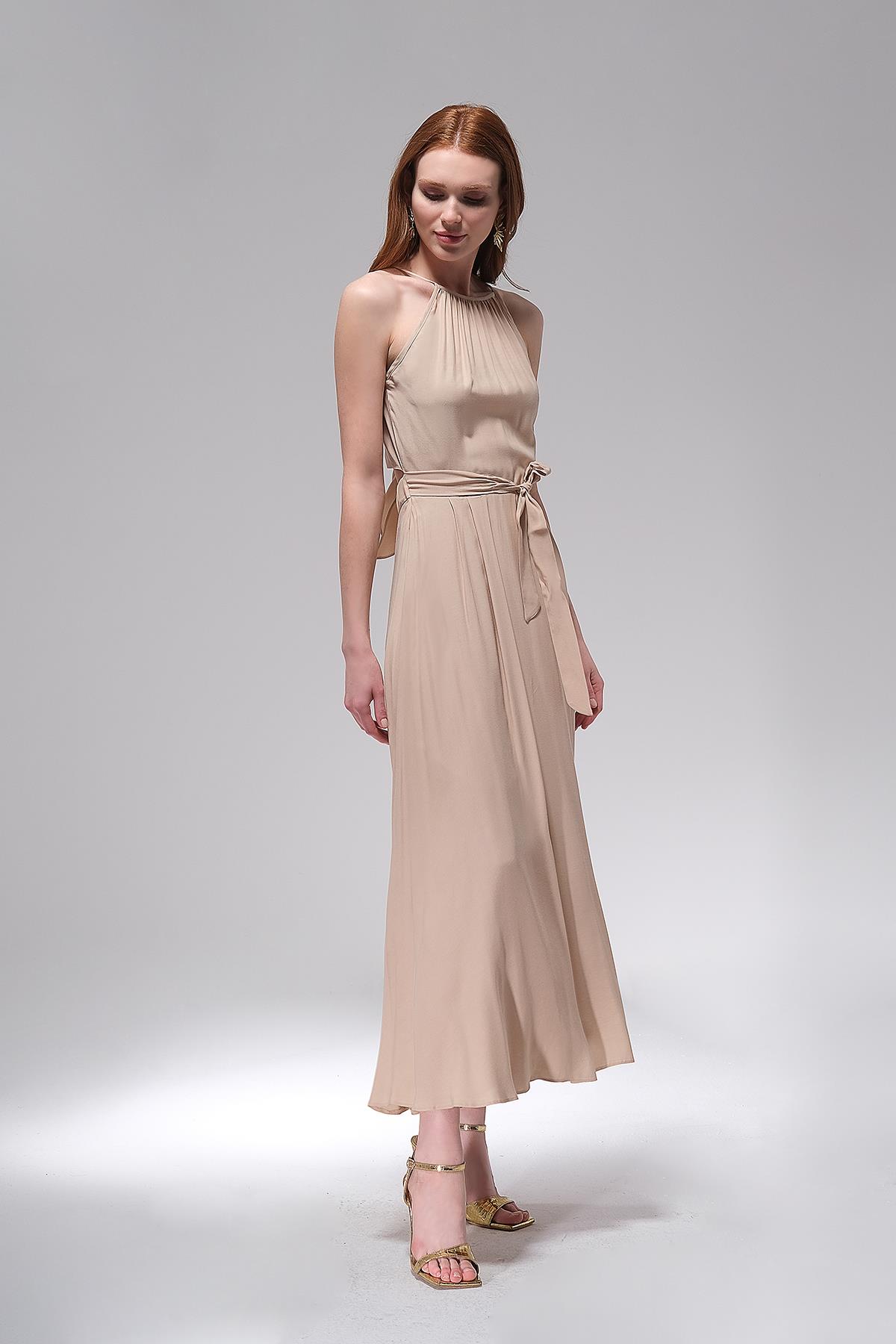 Halter Yaka Midi Boy Elbise