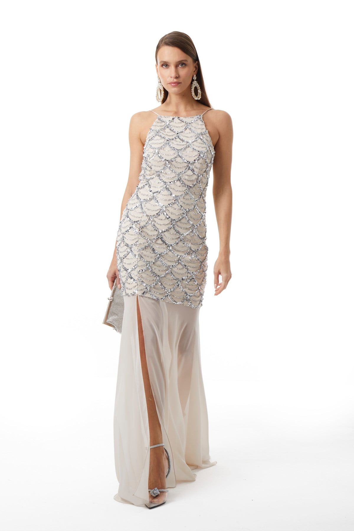 Halter Yaka Yırtmaç Detaylı Maxi Elbise