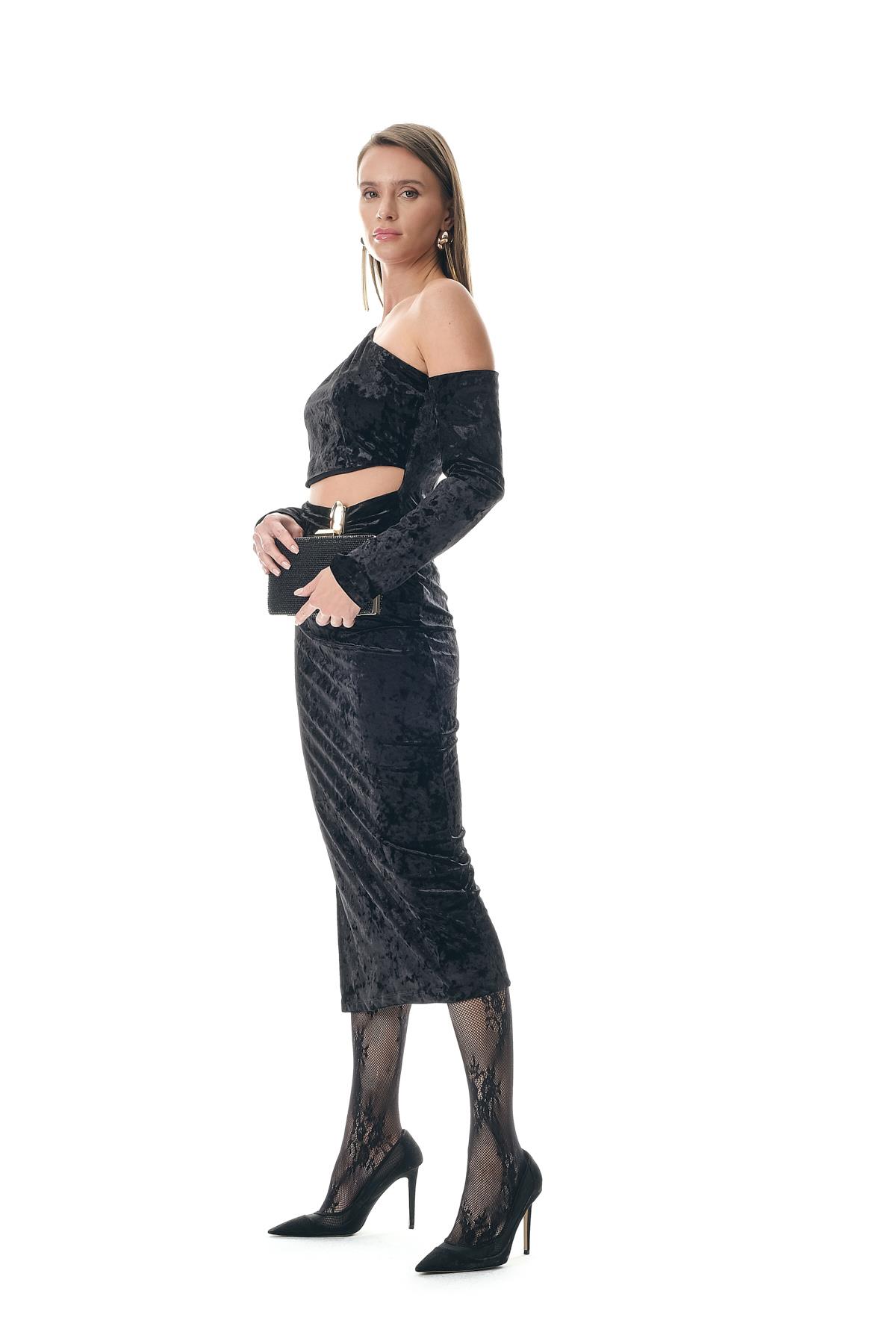 Kadife Asimetrik Kollu Bel Dekolteli  Abiye Elbise