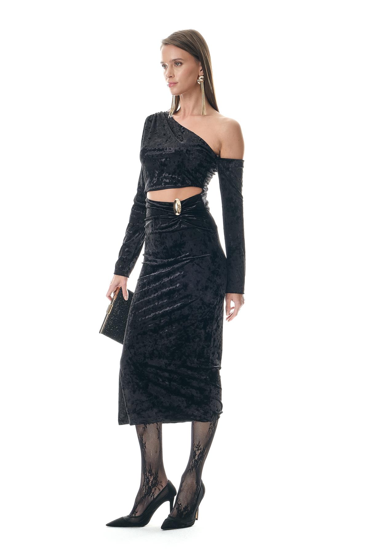 Kadife Asimetrik Kollu Bel Dekolteli  Abiye Elbise