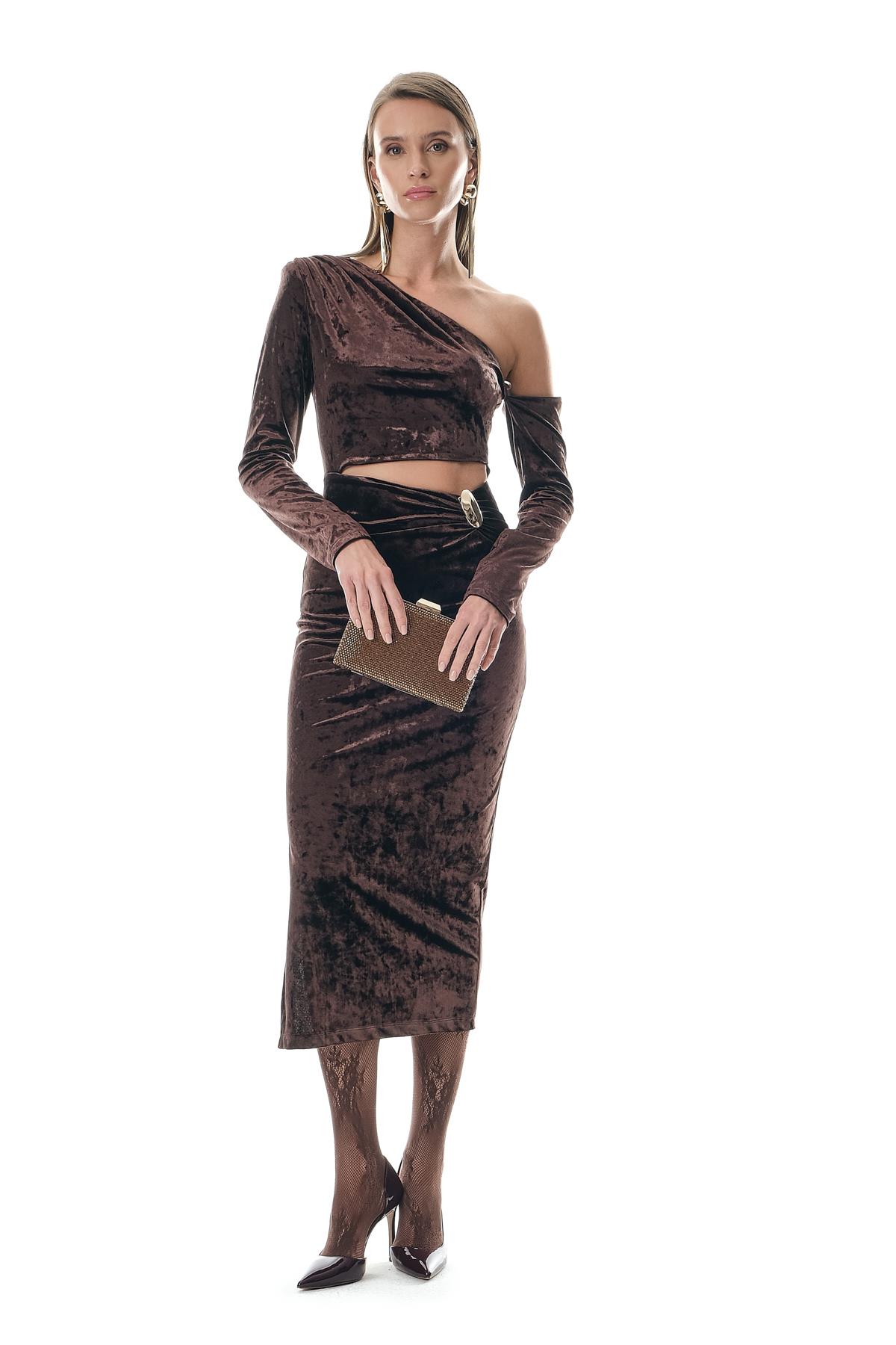 Kadife Asimetrik Kollu Bel Dekolteli  Abiye Elbise