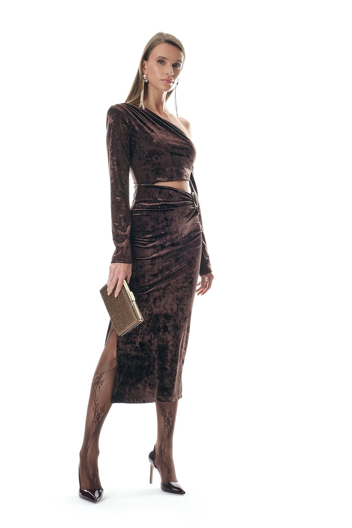 Kadife Asimetrik Kollu Bel Dekolteli  Abiye Elbise