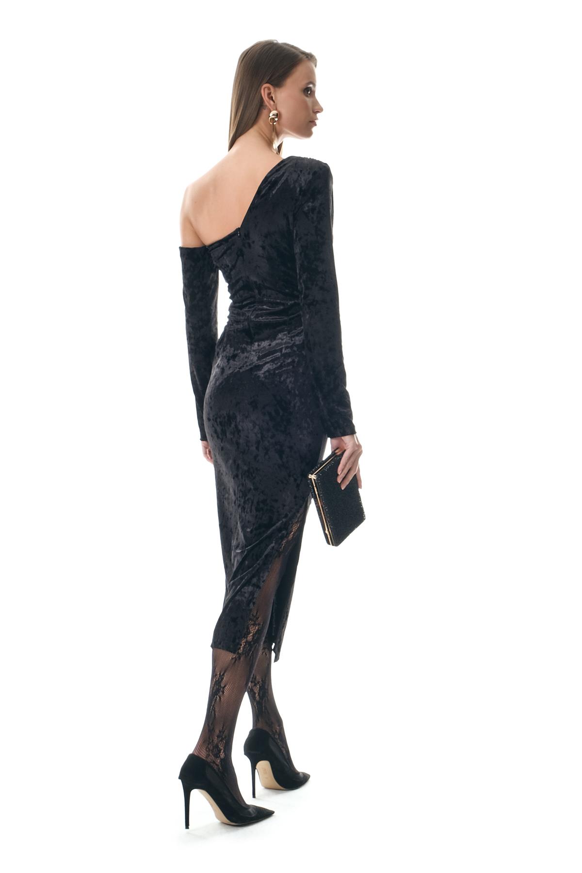 Kadife Asimetrik Kollu Bel Dekolteli  Abiye Elbise