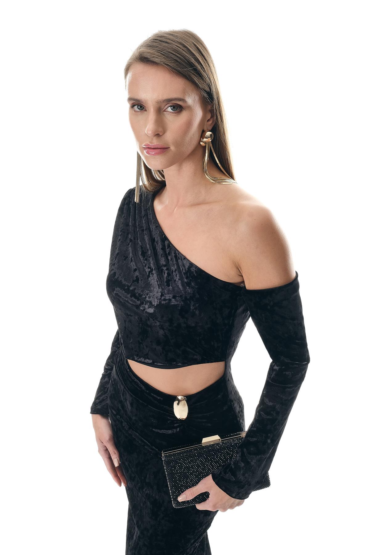 Kadife Asimetrik Kollu Bel Dekolteli  Abiye Elbise