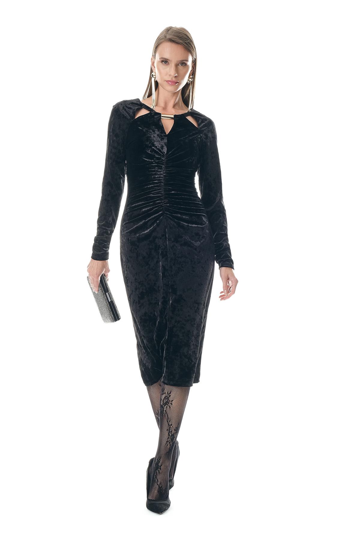 Kadife Yaka Dekolteli Gold Aksesuarlı  Elbise