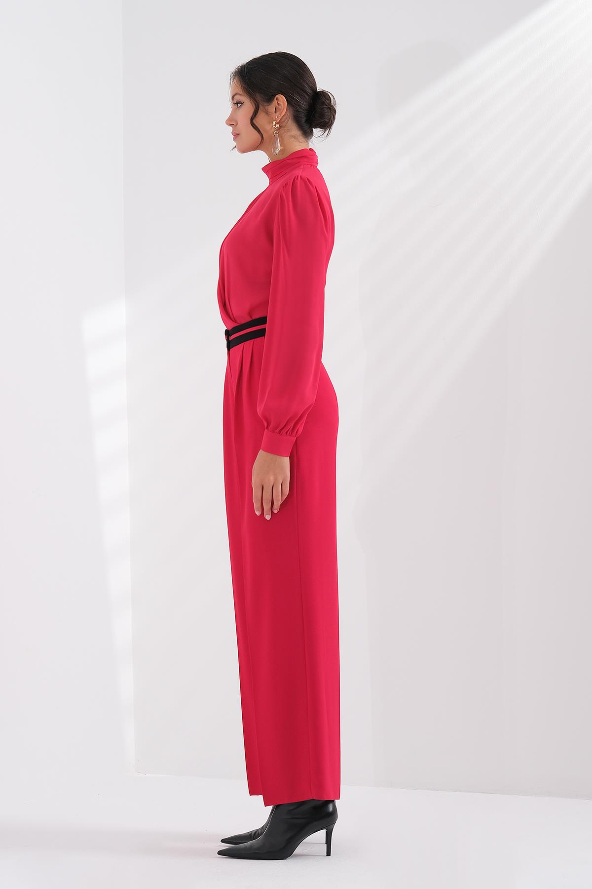 Kontrast Bel Bantlı Yüksek Bel Pantolon