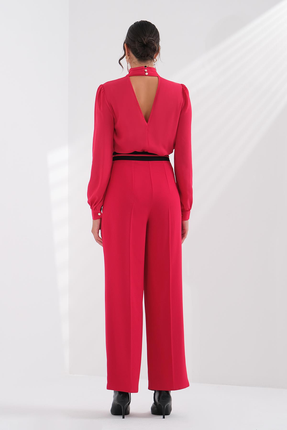 Kontrast Bel Bantlı Yüksek Bel Pantolon