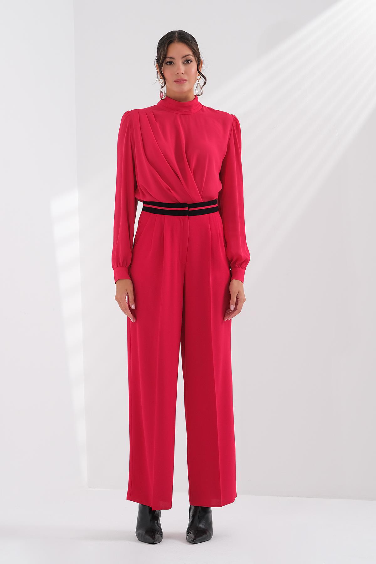 Kontrast Bel Bantlı Yüksek Bel Pantolon