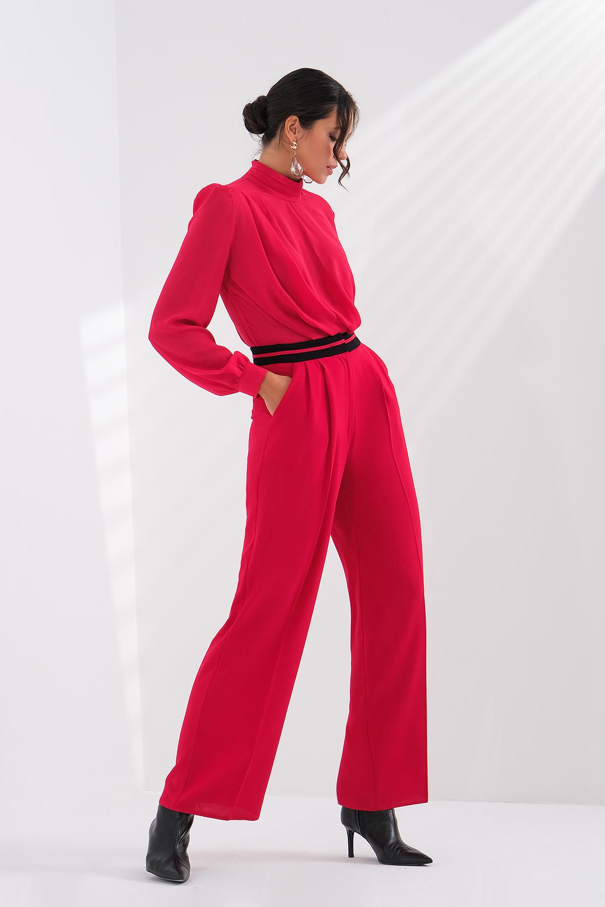 Kontrast Bel Bantlı Yüksek Bel Pantolon