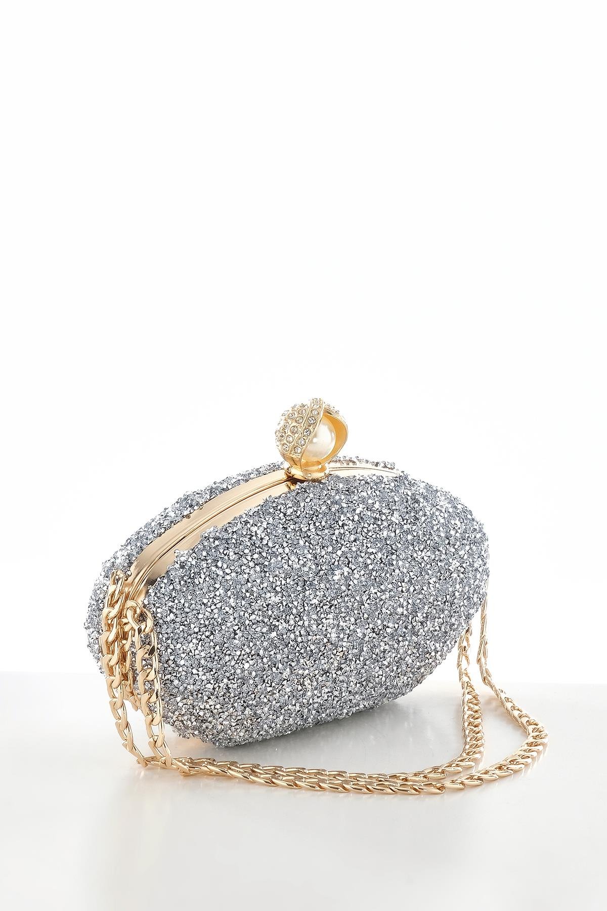 Kristal Taşlı Kısa Zincir Askılı Şık Abiye Çanta.