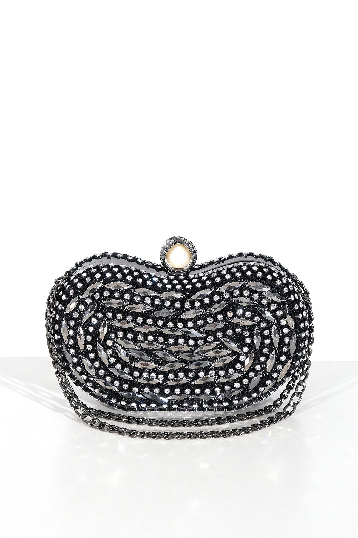 Kristal Taşlı Zincir Askılı İnci Aksesuarlı Kilitli Abiye Çanta