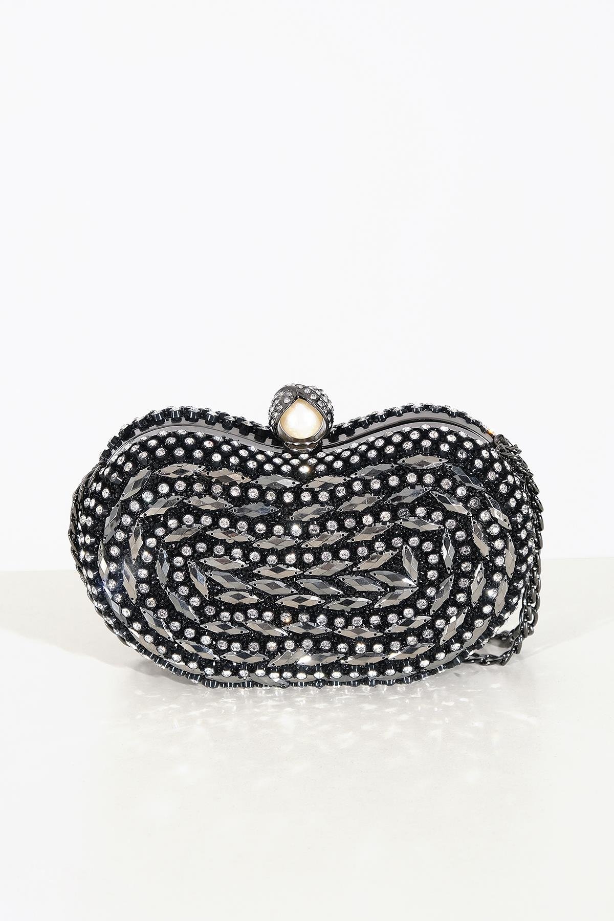 Kristal Taşlı Zincir Askılı İnci Aksesuarlı Kilitli Abiye Çanta