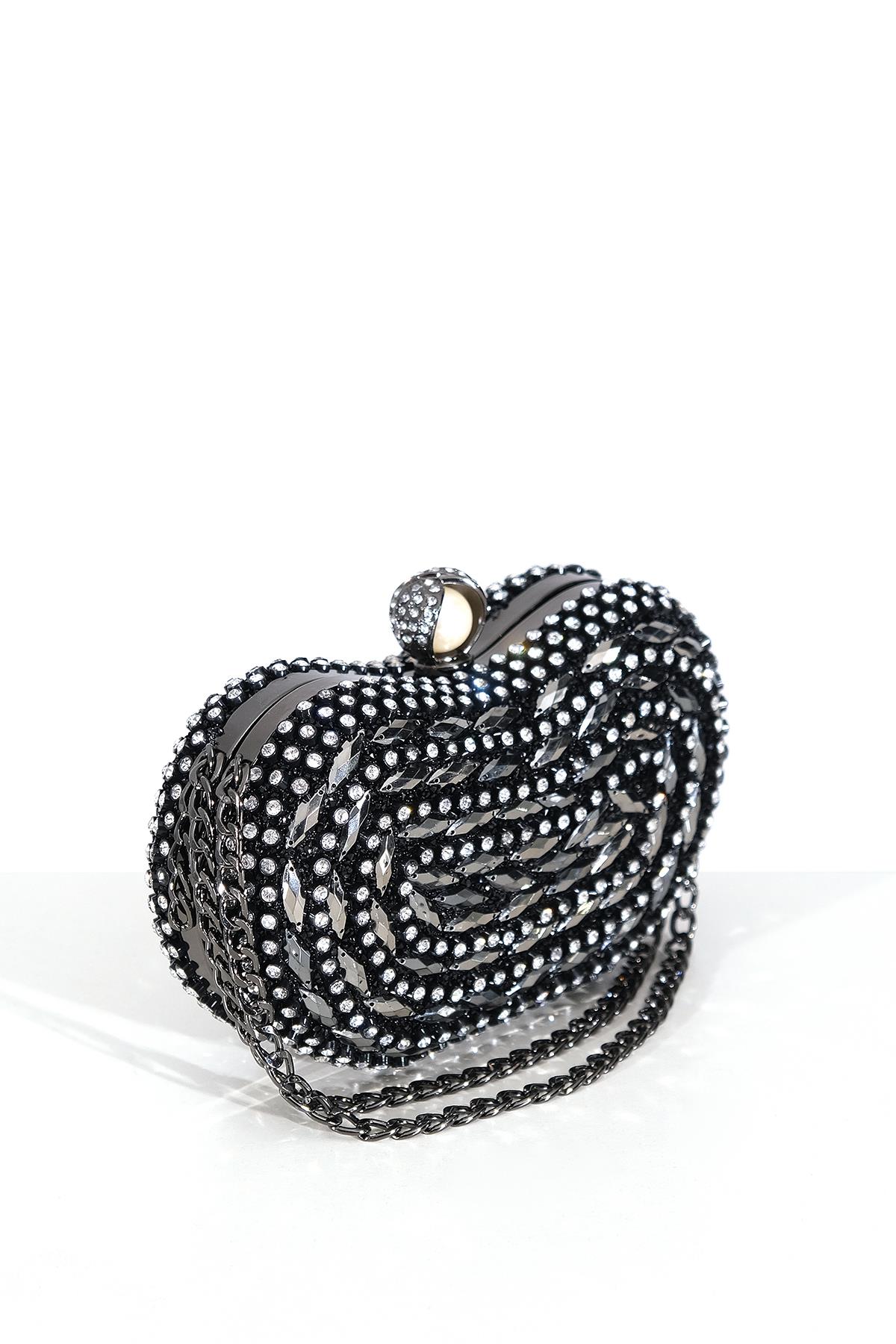 Kristal Taşlı Zincir Askılı İnci Aksesuarlı Kilitli Abiye Çanta