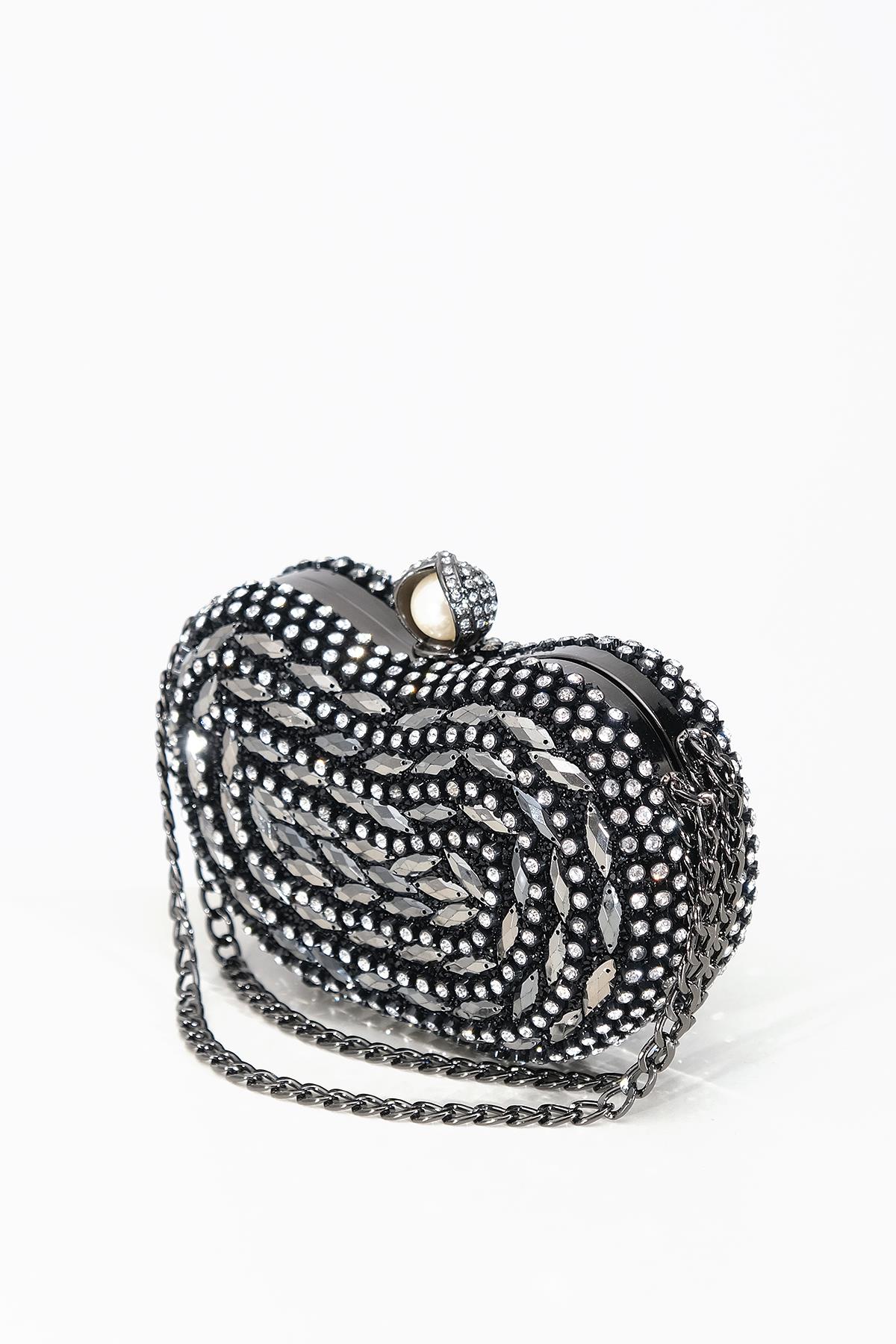 Kristal Taşlı Zincir Askılı İnci Aksesuarlı Kilitli Abiye Çanta