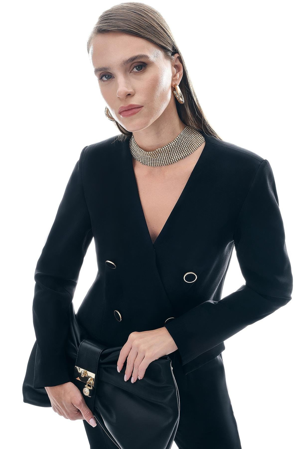 Kruvaze Düğme Detaylı Şık Ceket Pantolon Takım