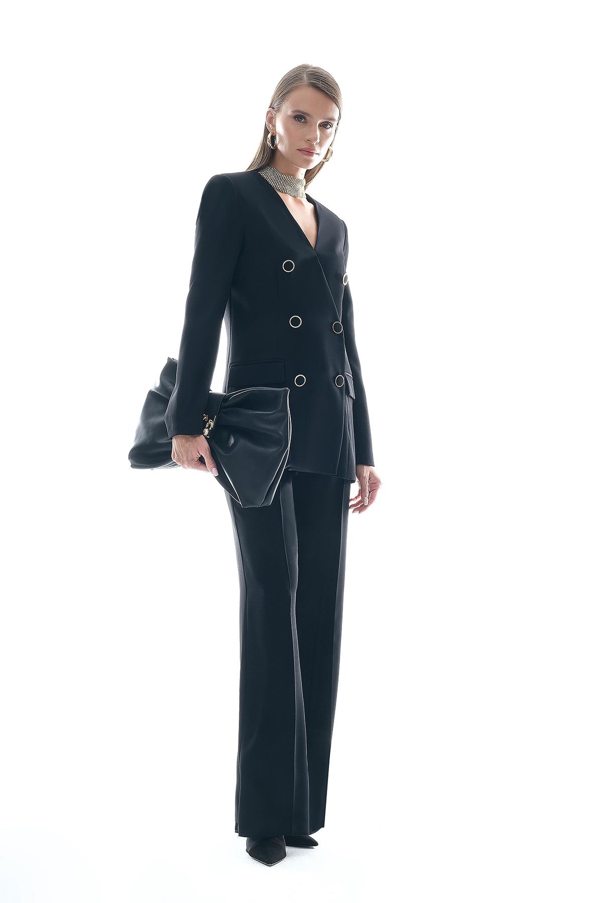 Kruvaze Düğme Detaylı Şık Ceket Pantolon Takım