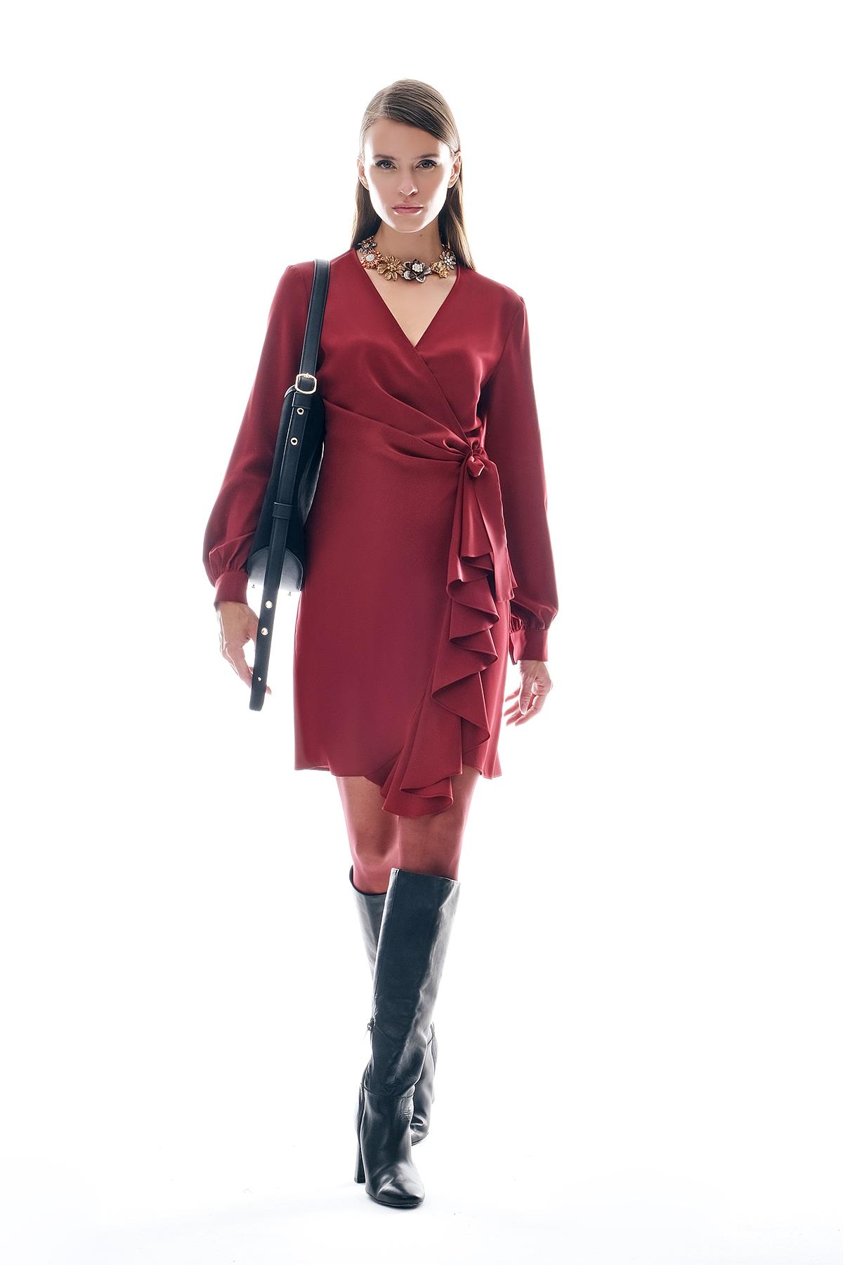 Kruvaze Eteği Volanlı Mini Elbise