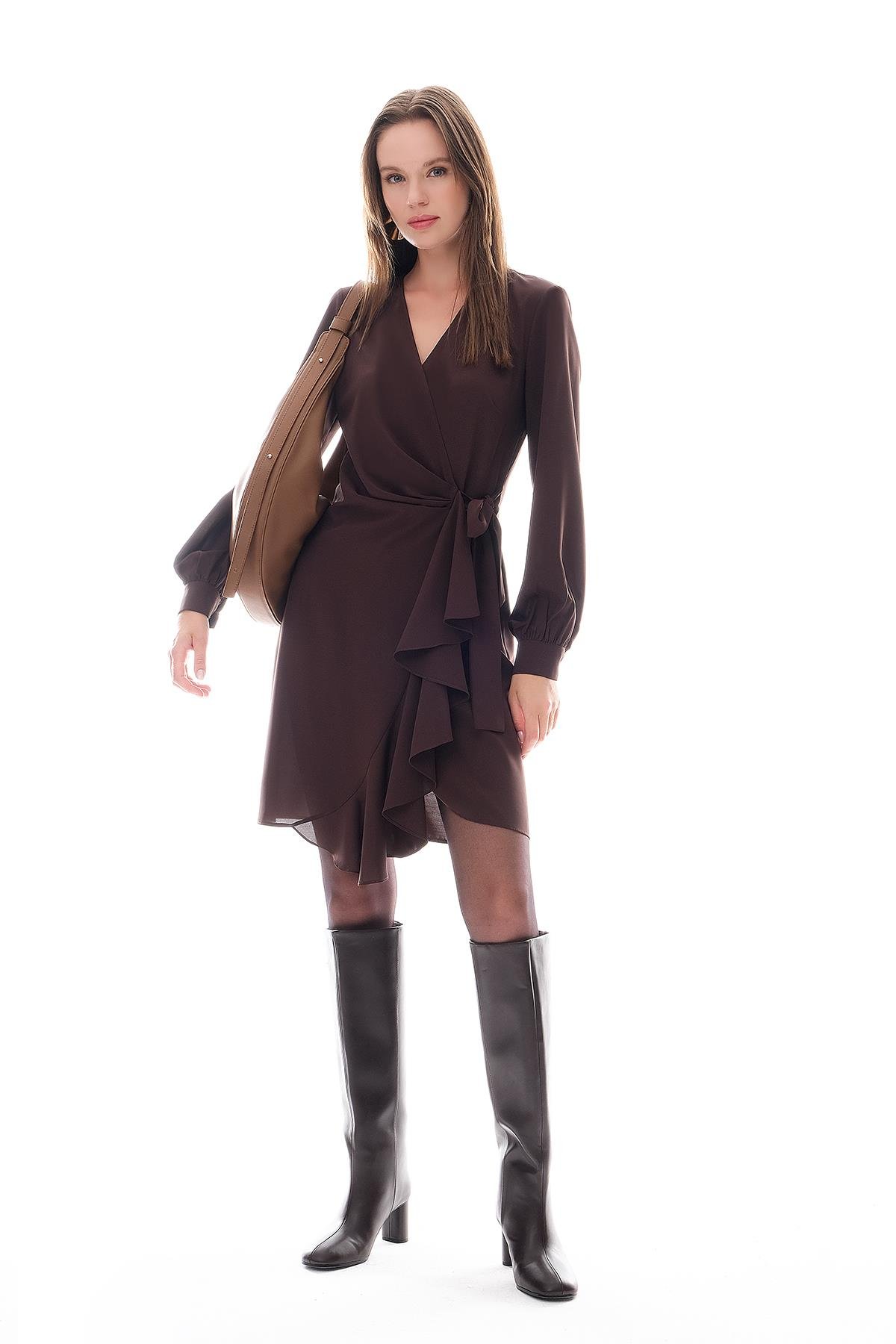 Kruvaze Eteği Volanlı Mini Elbise