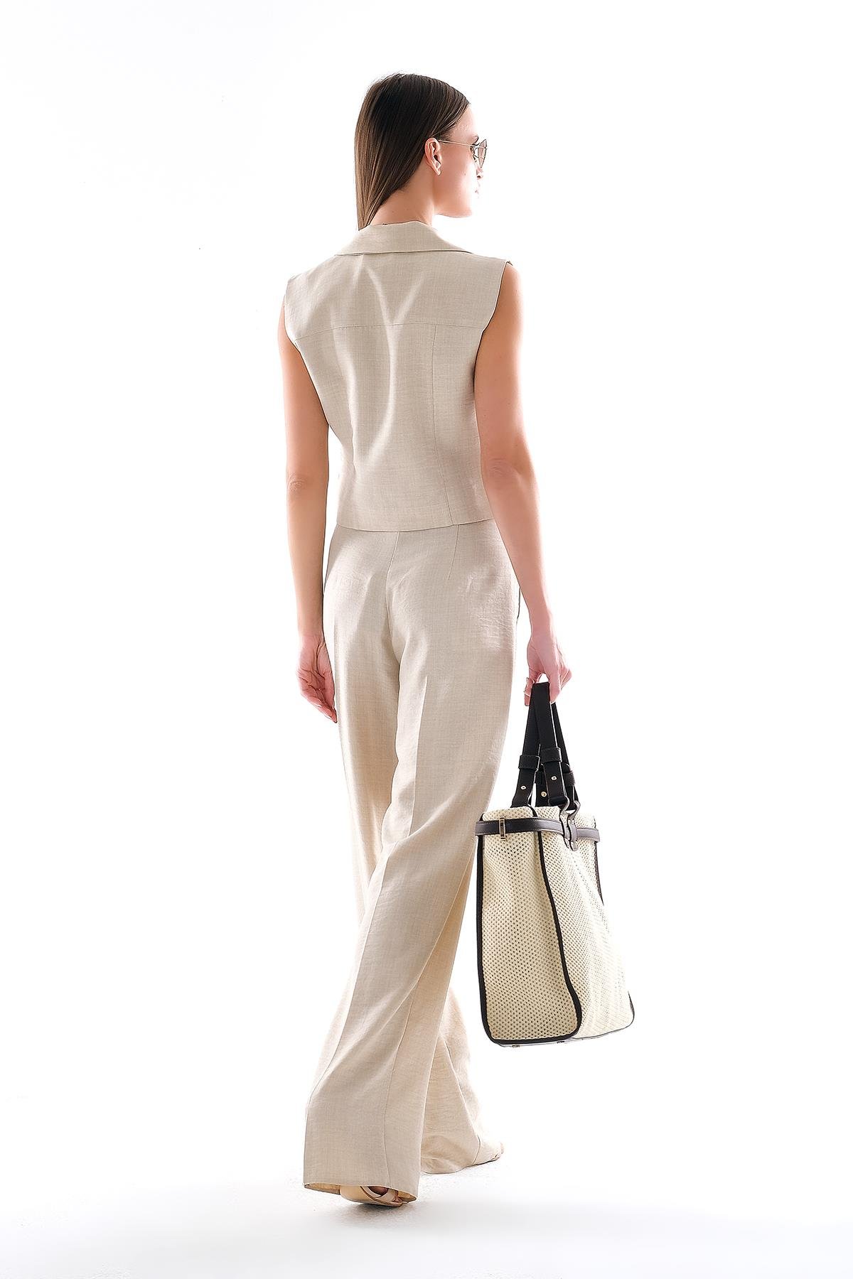 Kruvaze Kapamalı Yandan Cepli Bol Paça Pantolon Takım