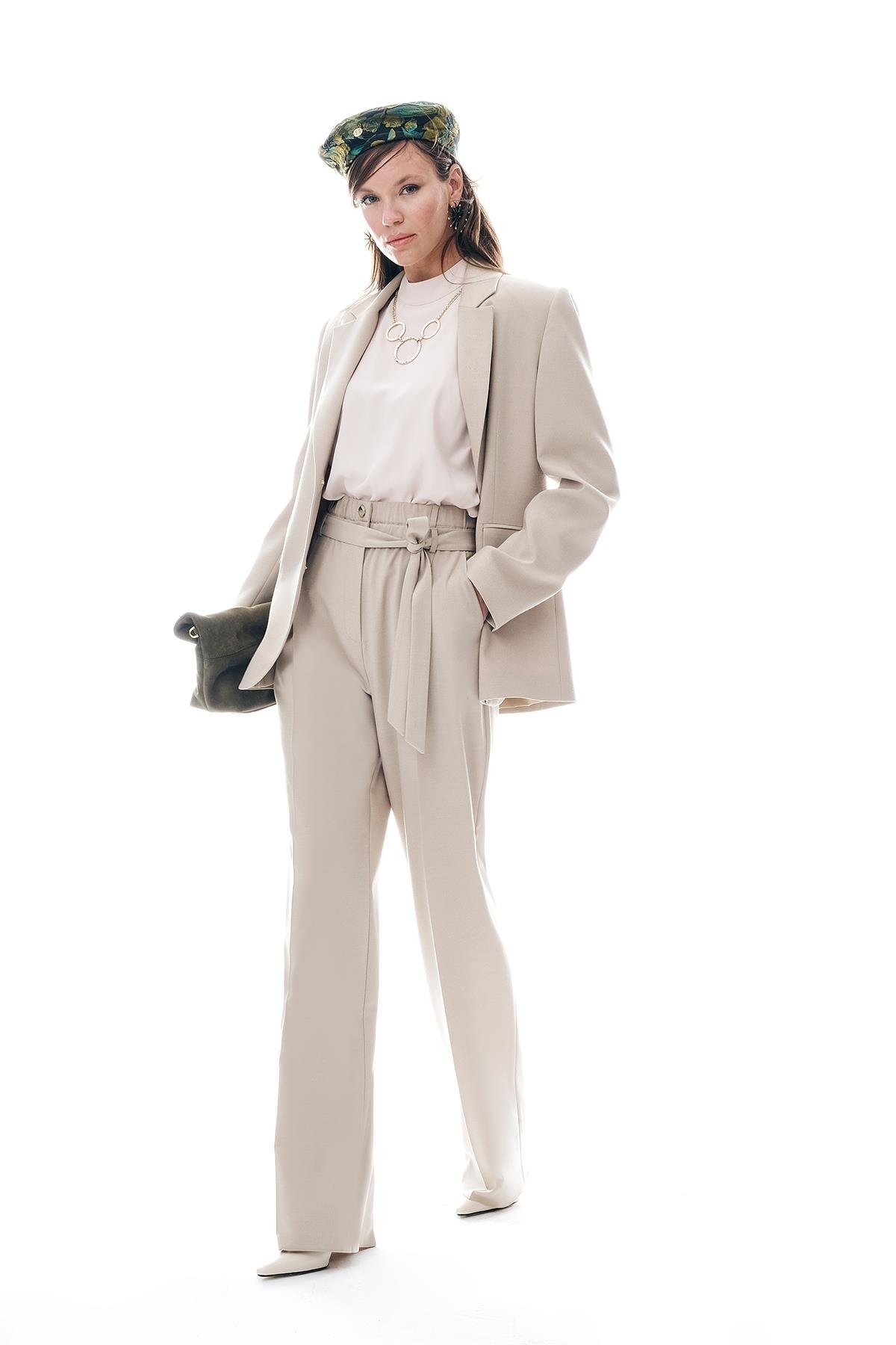 Kuşaklı Çift Kemerli Beli Lastikli Pantolon