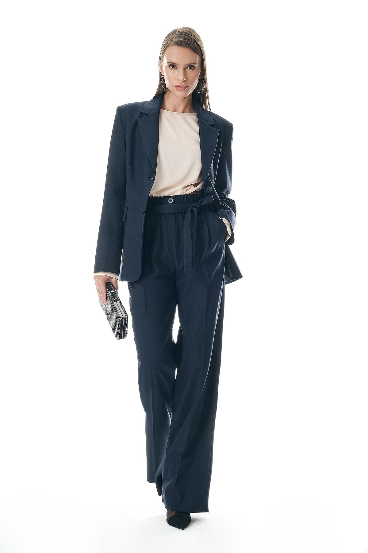 Kuşaklı Çift Kemerli Beli Lastikli Pantolon