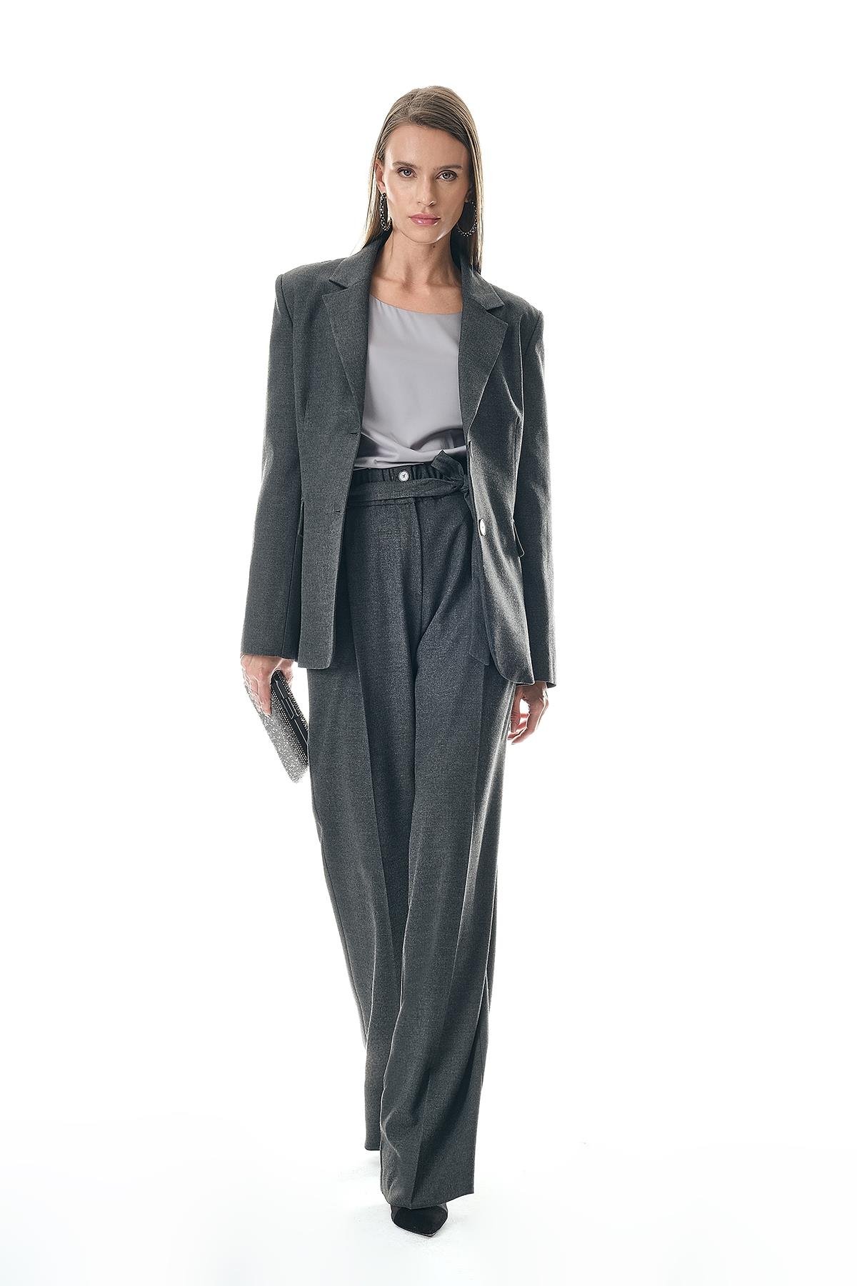 Kuşaklı Çift Kemerli Beli Lastikli Pantolon