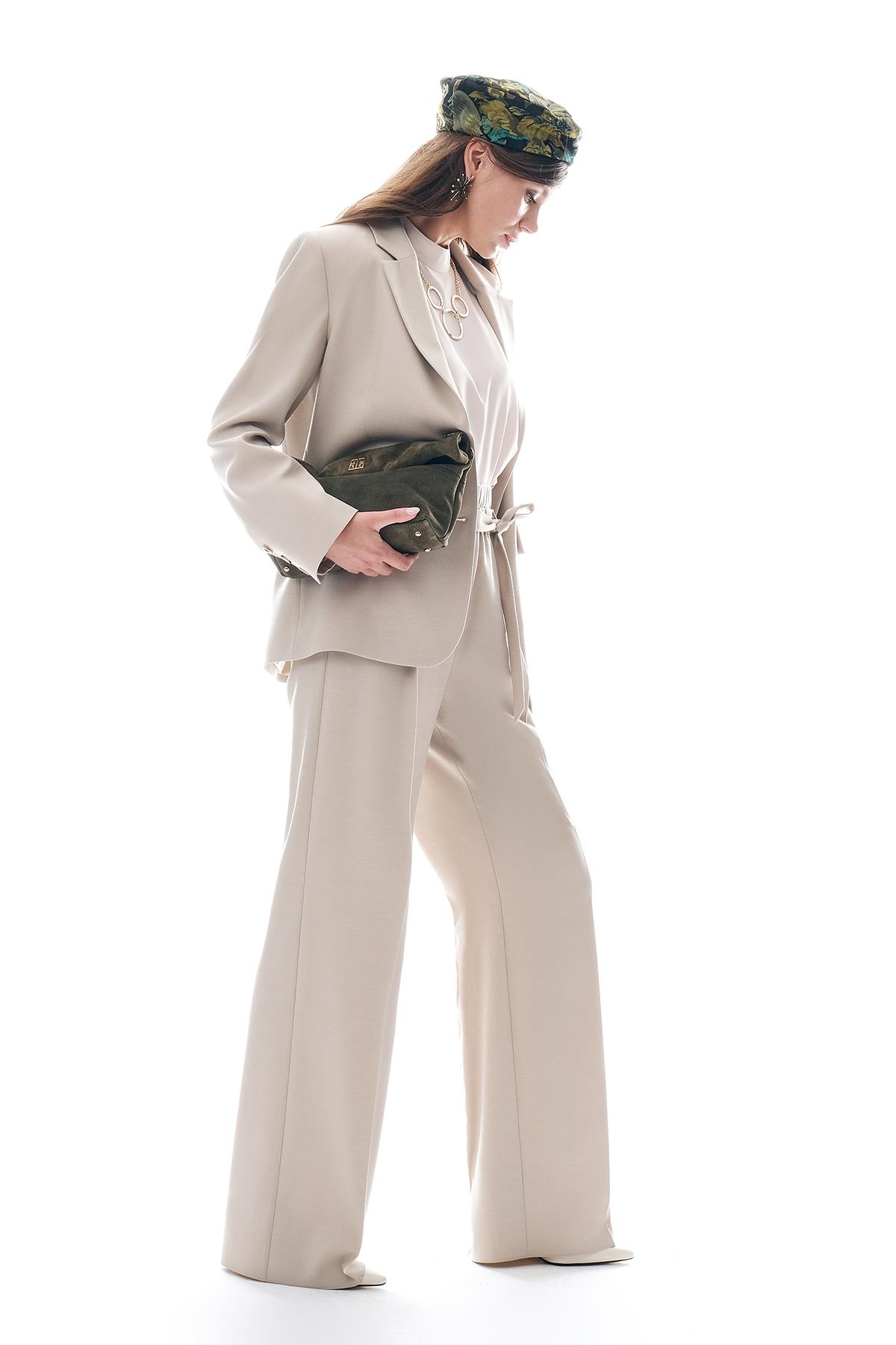 Kuşaklı Çift Kemerli Beli Lastikli Pantolon