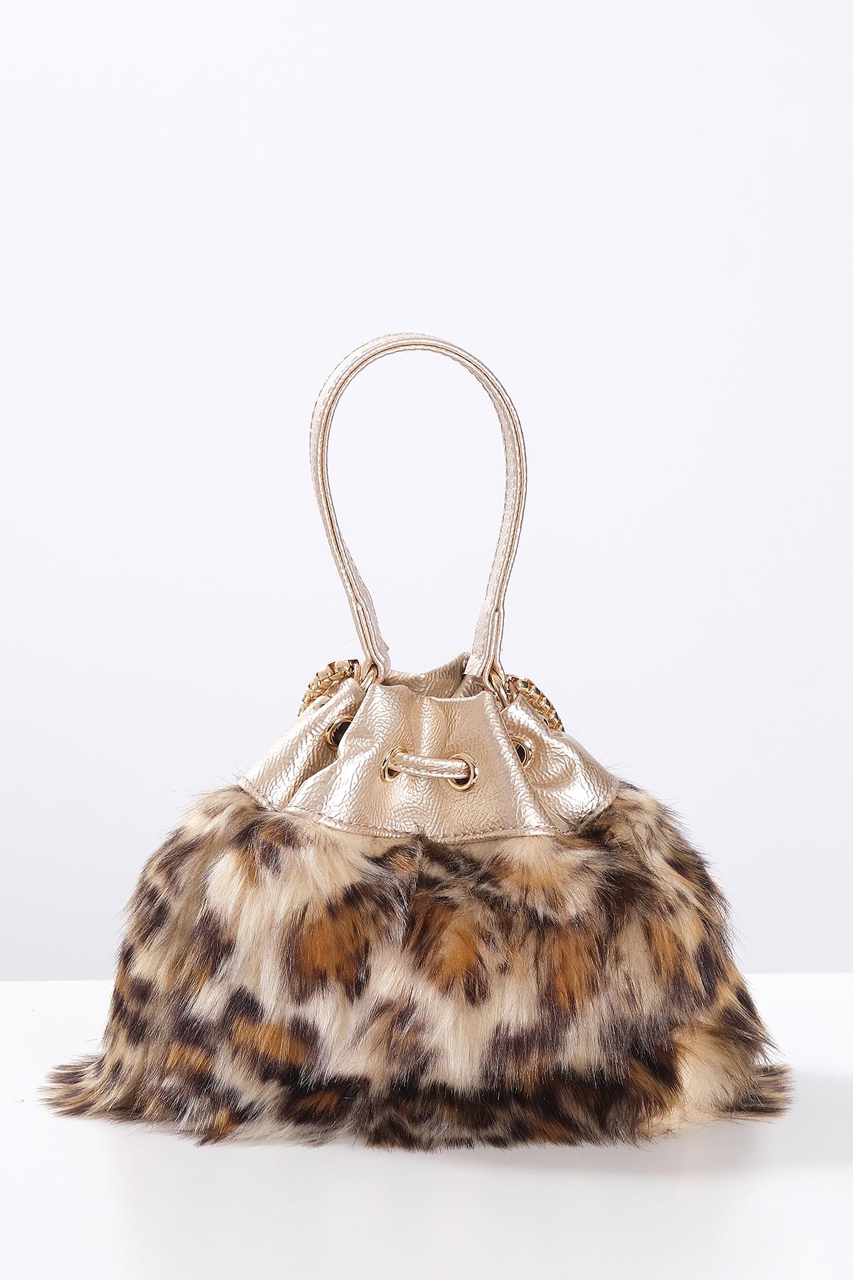 Leopar Desenli Kürk Mini Bucket Çanta