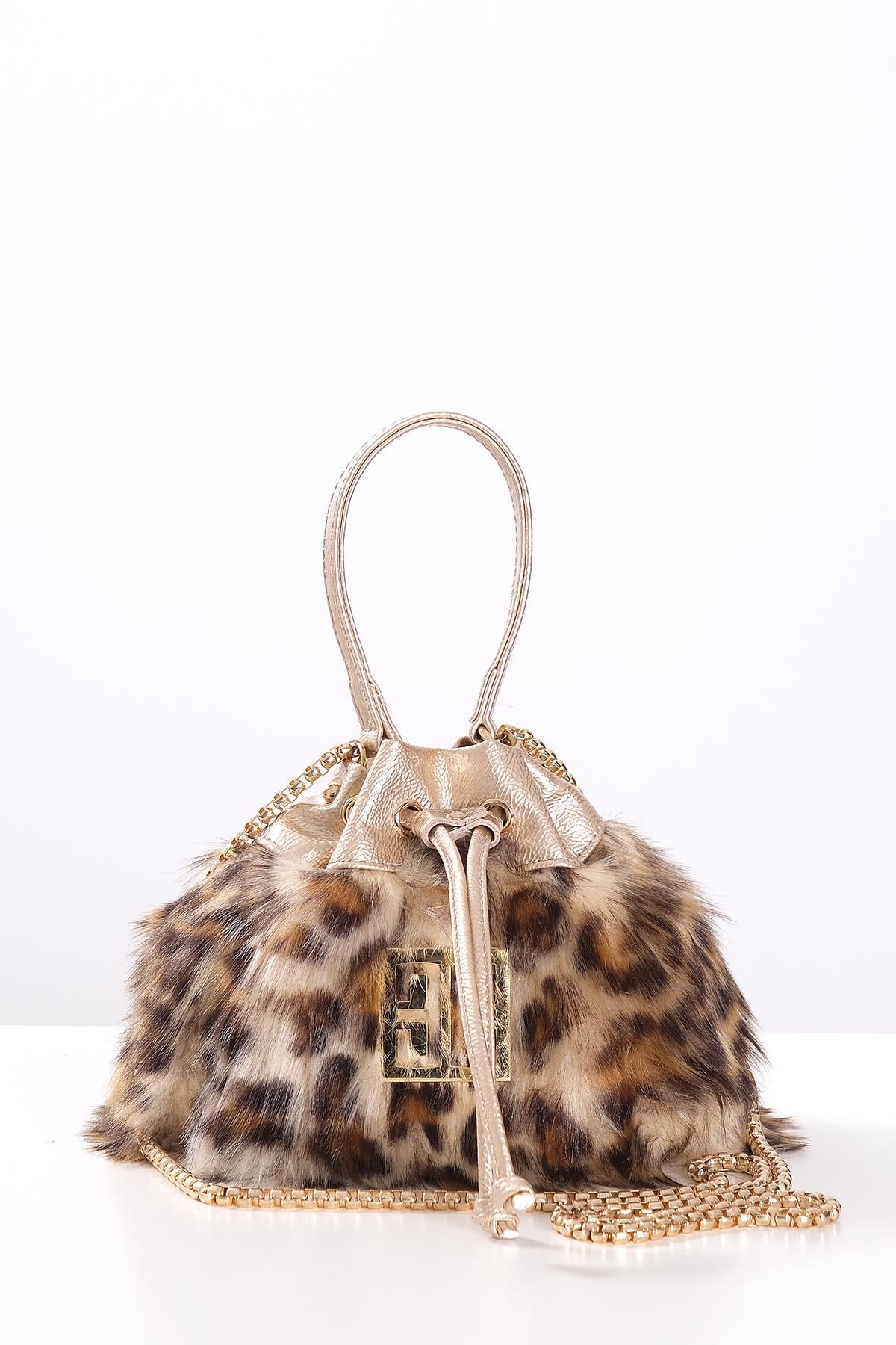 Leopar Desenli Kürk Mini Bucket Çanta